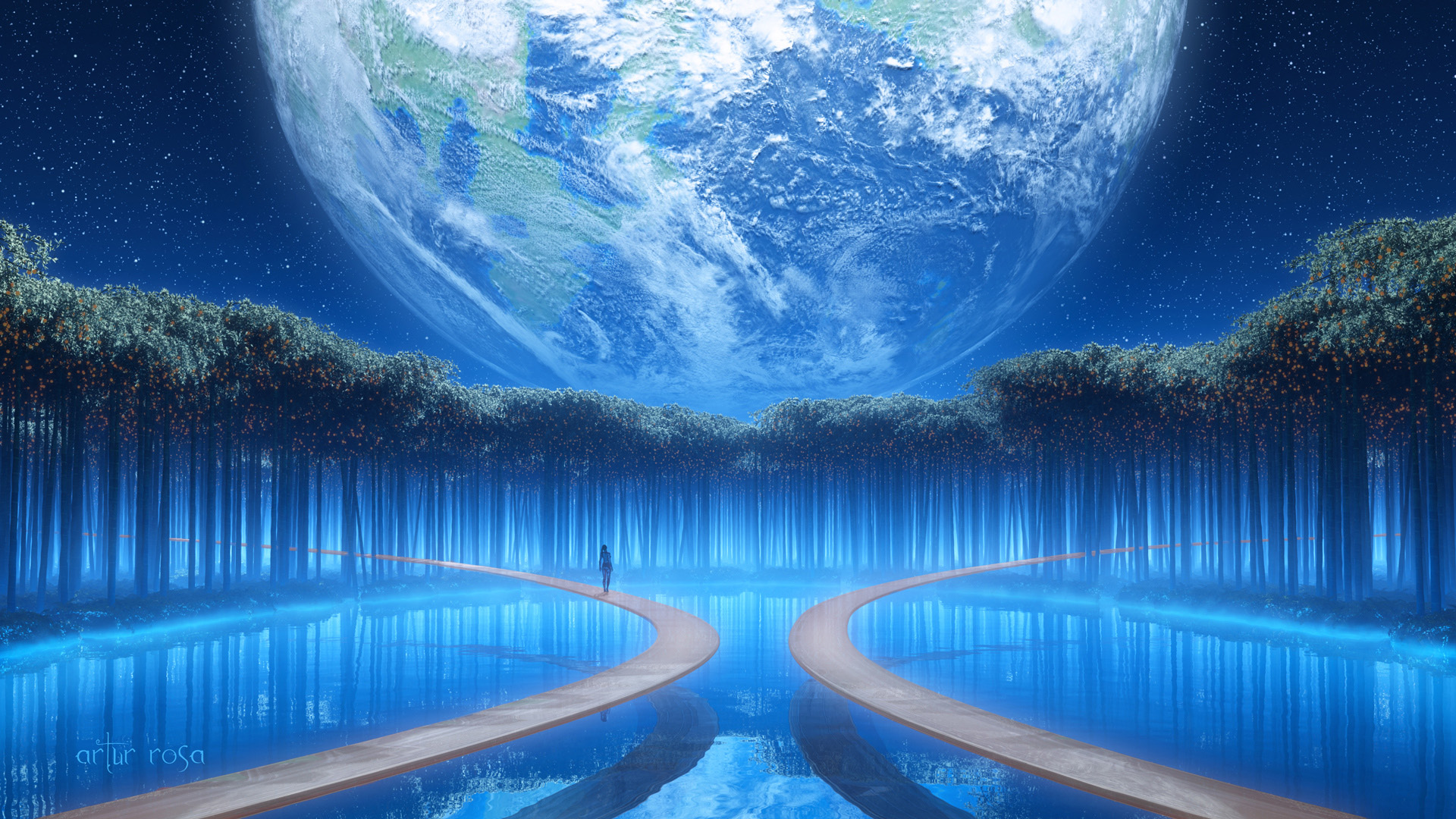 ['女孩 星空 行星 轨道 湖泊 唯美插画 高清艺术壁纸']