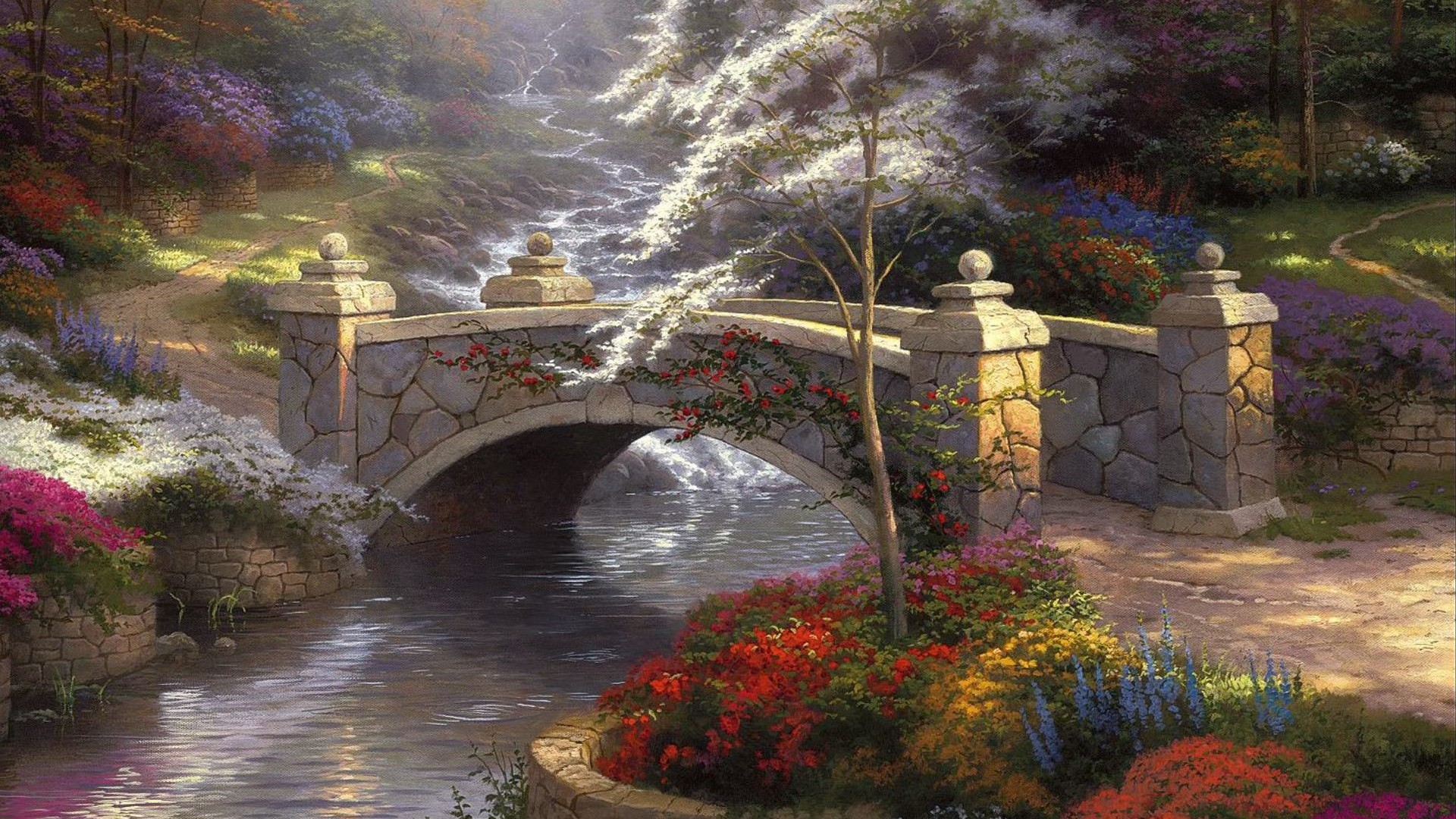 ['托马斯·金凯德 风景油画 自然美景 桥梁流水 森林小屋 壁纸高清']