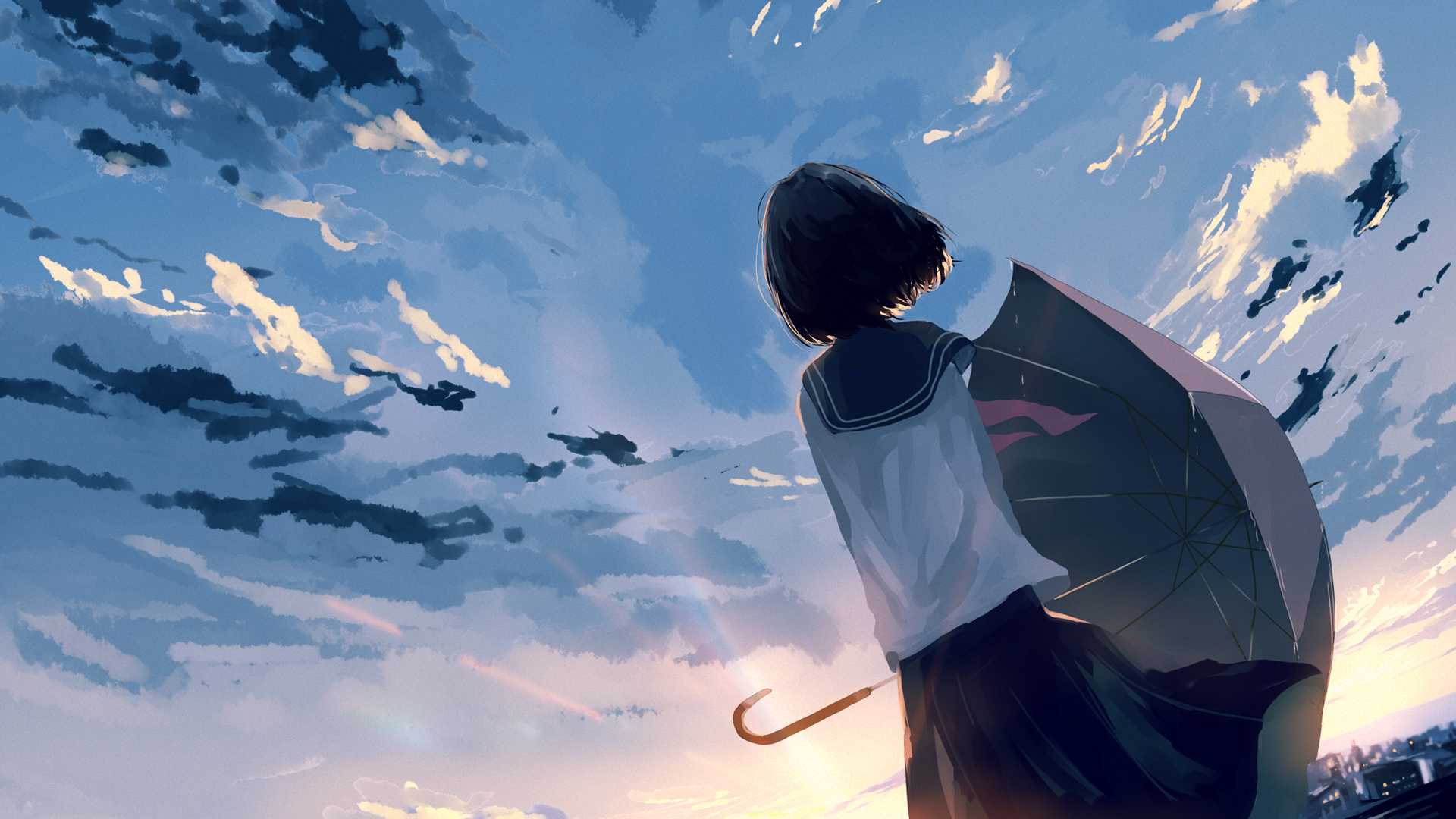 ['天空 云 少女 校服 撑伞 动漫壁纸']