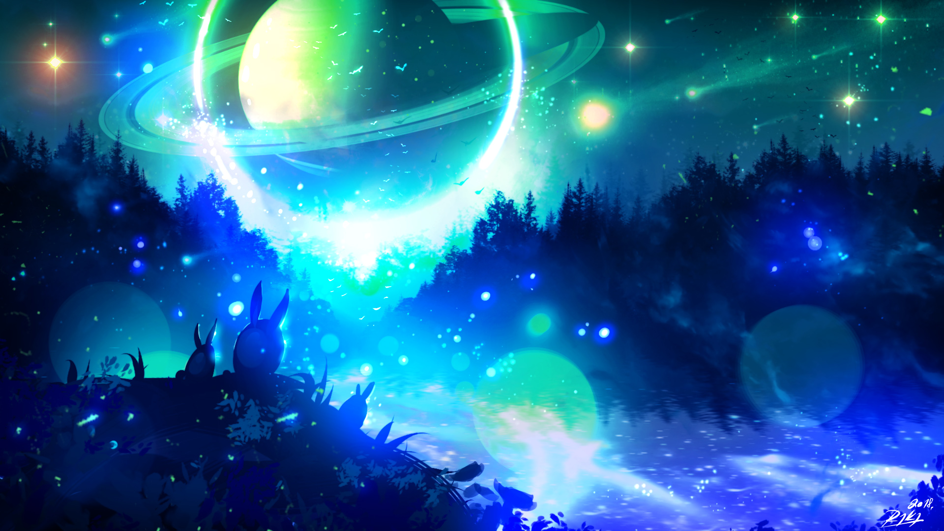 ['夜晚 森林 月亮 星星 梦幻 桌面壁纸']