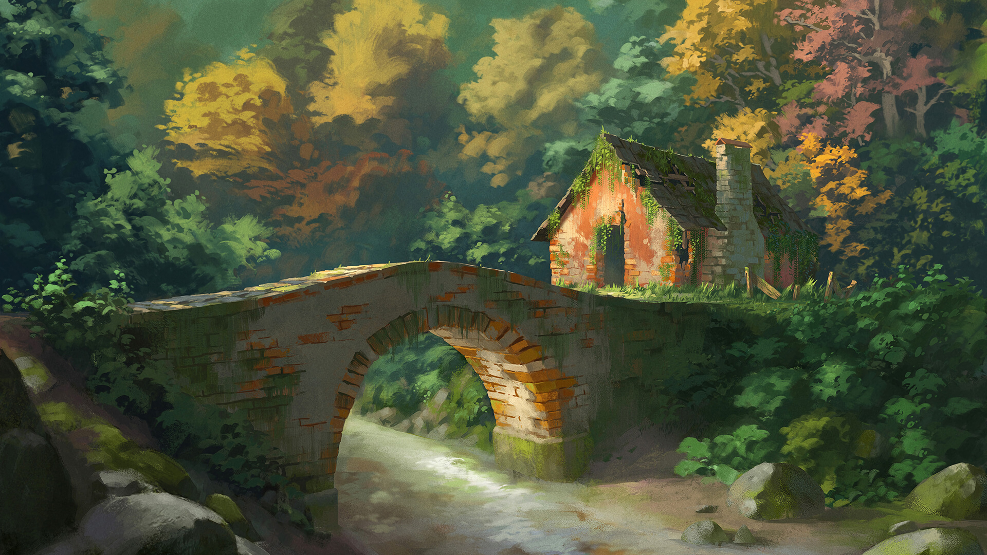 ['森林 林间小溪 小桥流水 乡村油画小屋 风景壁纸']