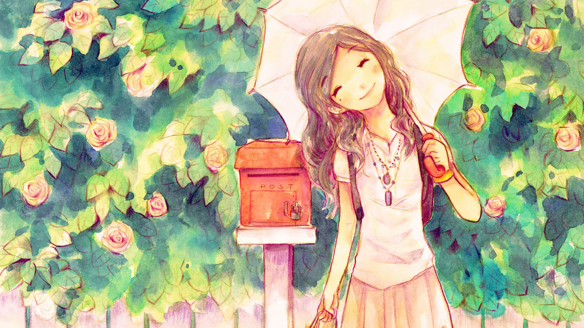 ['女孩 雨伞 邮箱 微笑 花卉 主题插画 桌面壁纸']