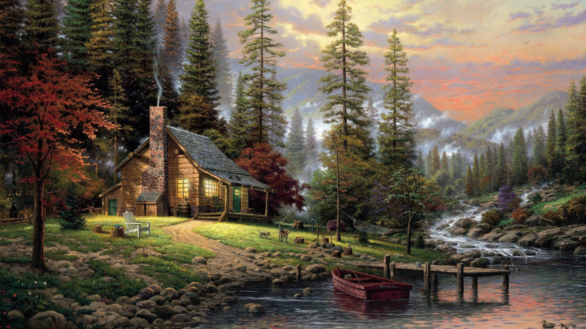 ['托马斯·金凯德 森林 小屋 风景壁纸 油画']