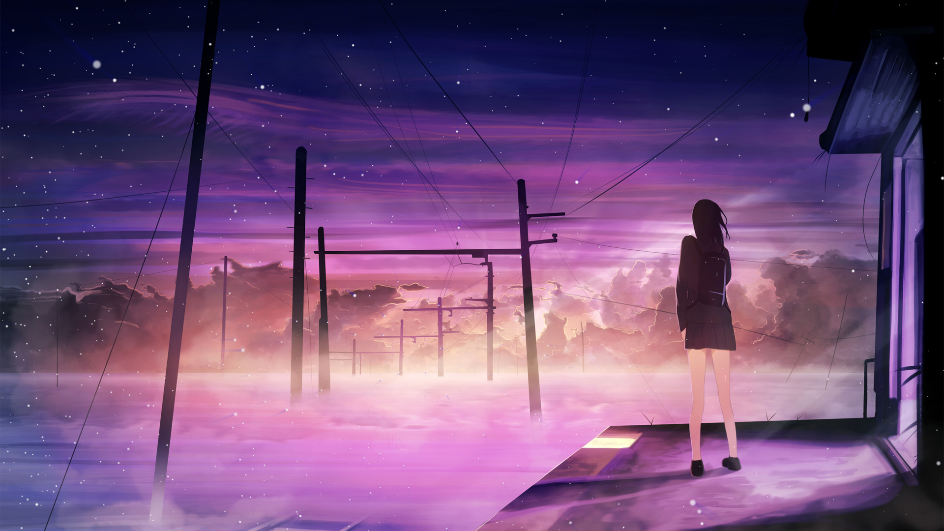 ['车站旁星空下的少女 唯美2K高清动漫壁纸']