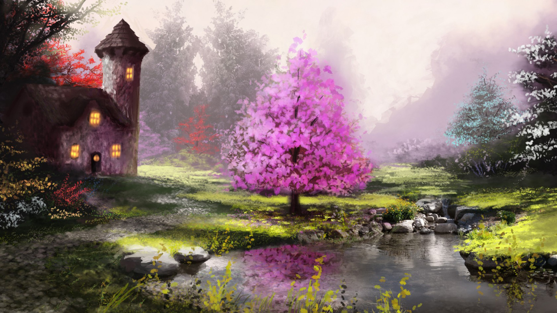 ['房子 树木 河流 自然风景 唯美绘画 风景壁纸']