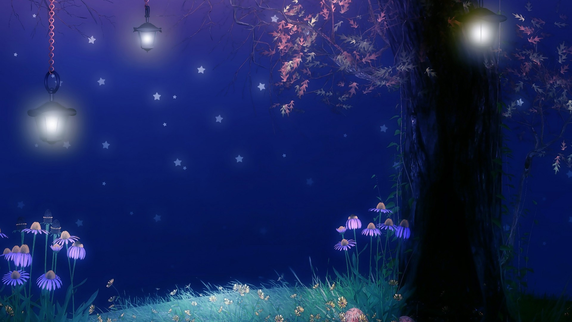 ['夜景星光 树木繁星 高清壁纸 自然风景插画']