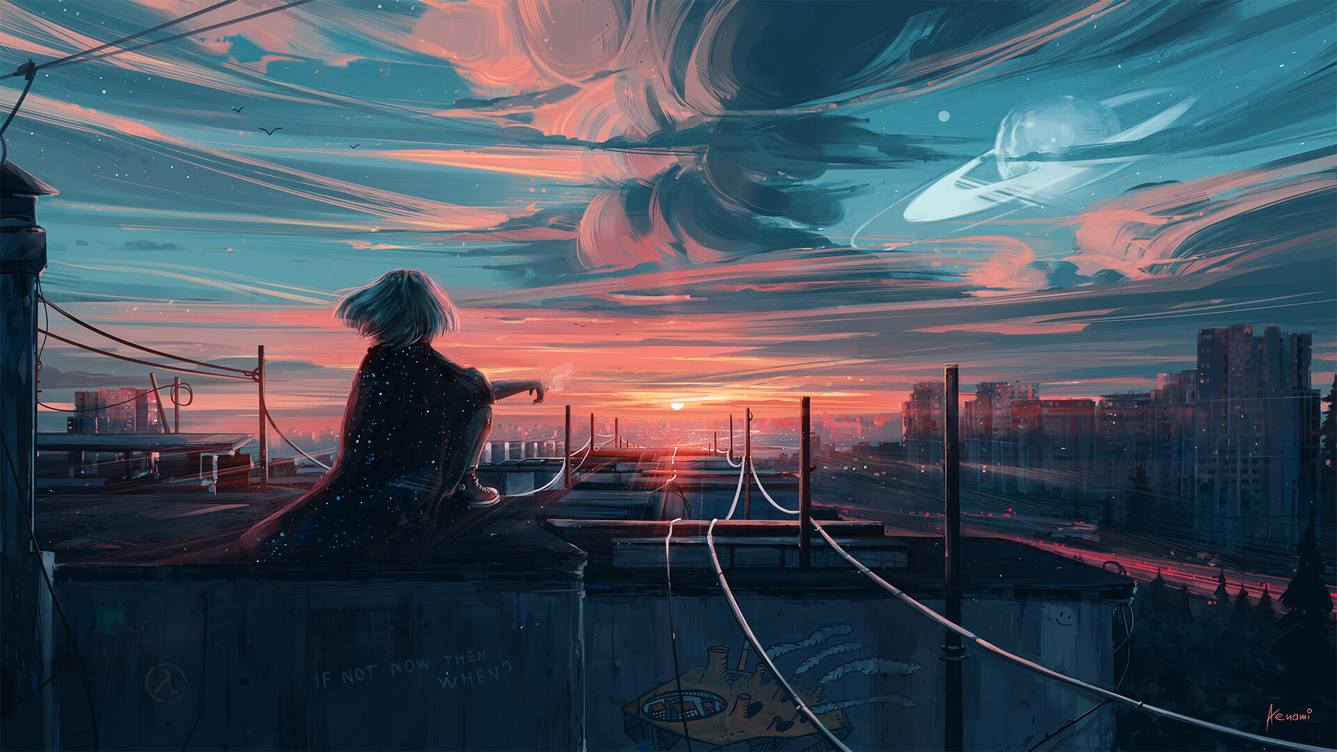 ['夕阳 少女 等待 城市 剪影 天空 动漫壁纸']
