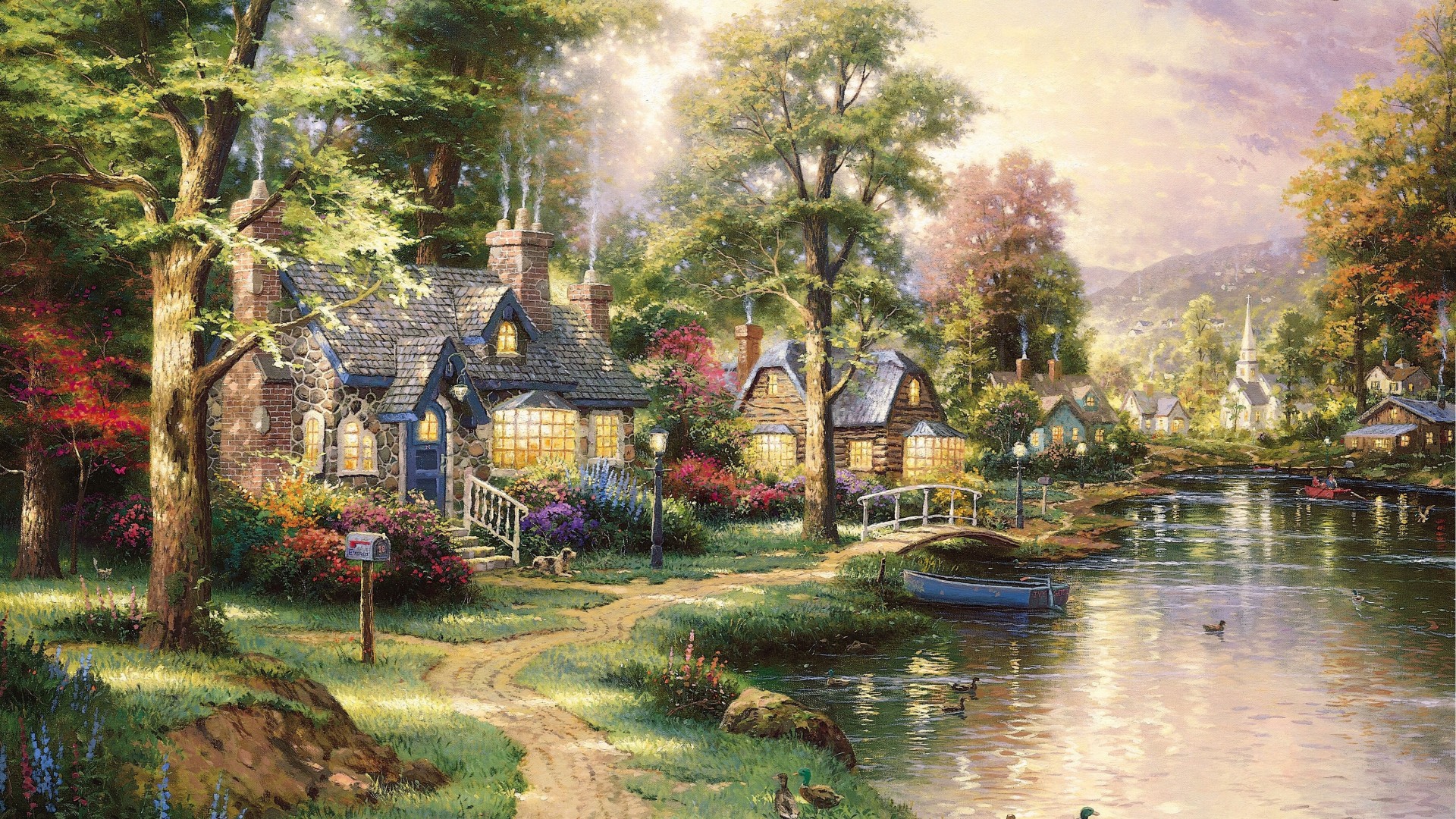 ['托马斯·金凯德 风景画 树林 小屋 小河 桌面壁纸 梦幻田园 温馨光影']