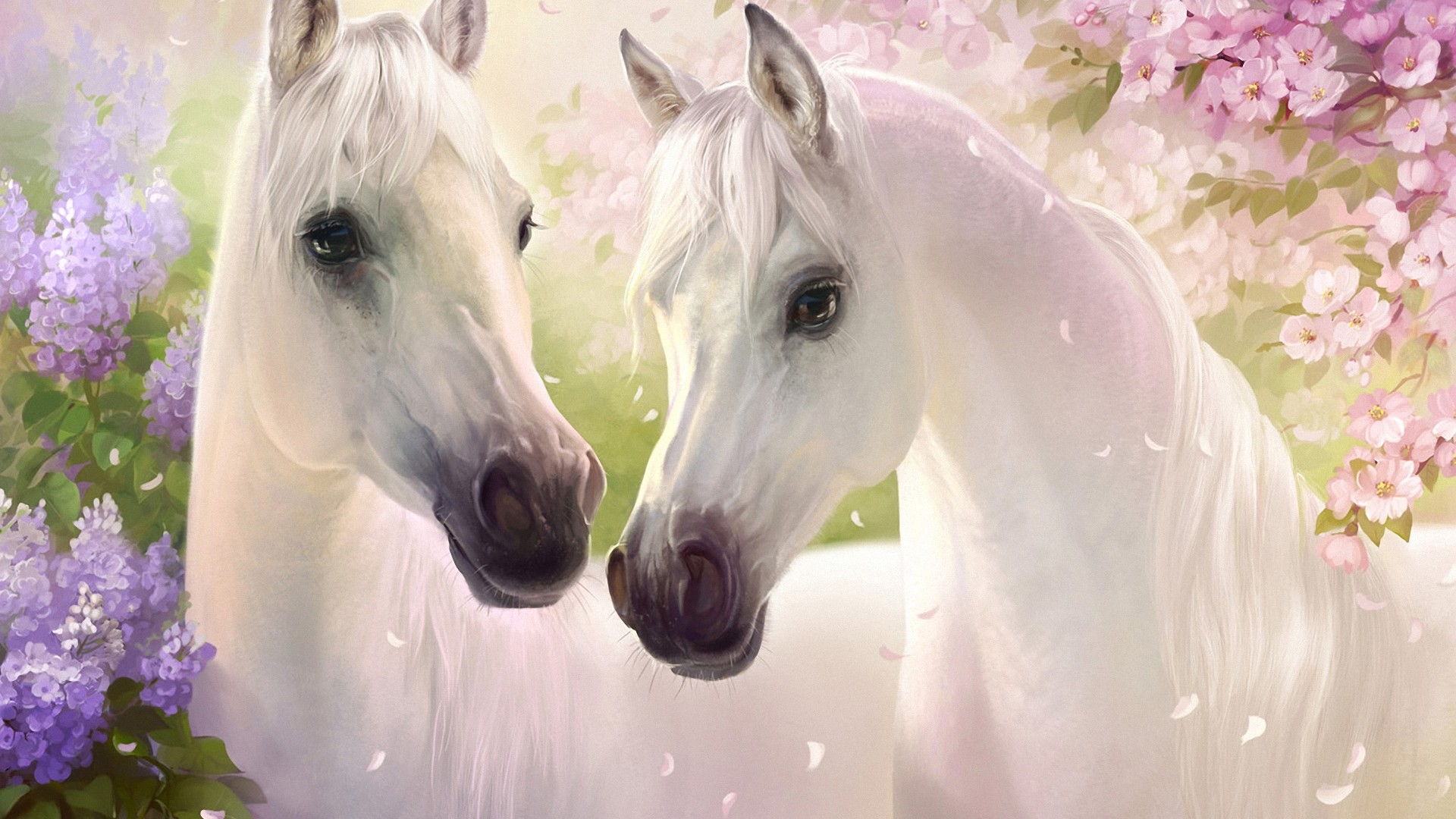 ['白色骏马 花卉 艺术壁纸 高清装饰画']