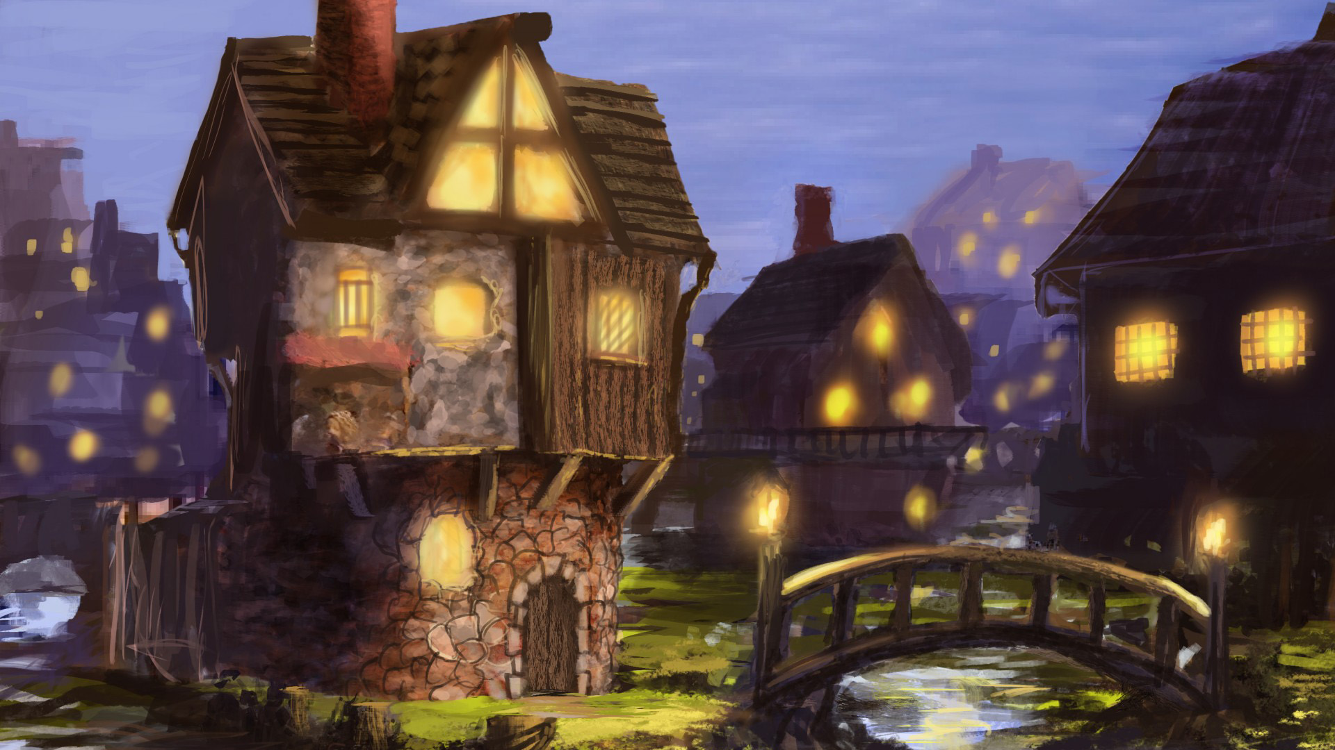 ['夜景小镇 灯光房屋 河流风景 绘画壁纸']