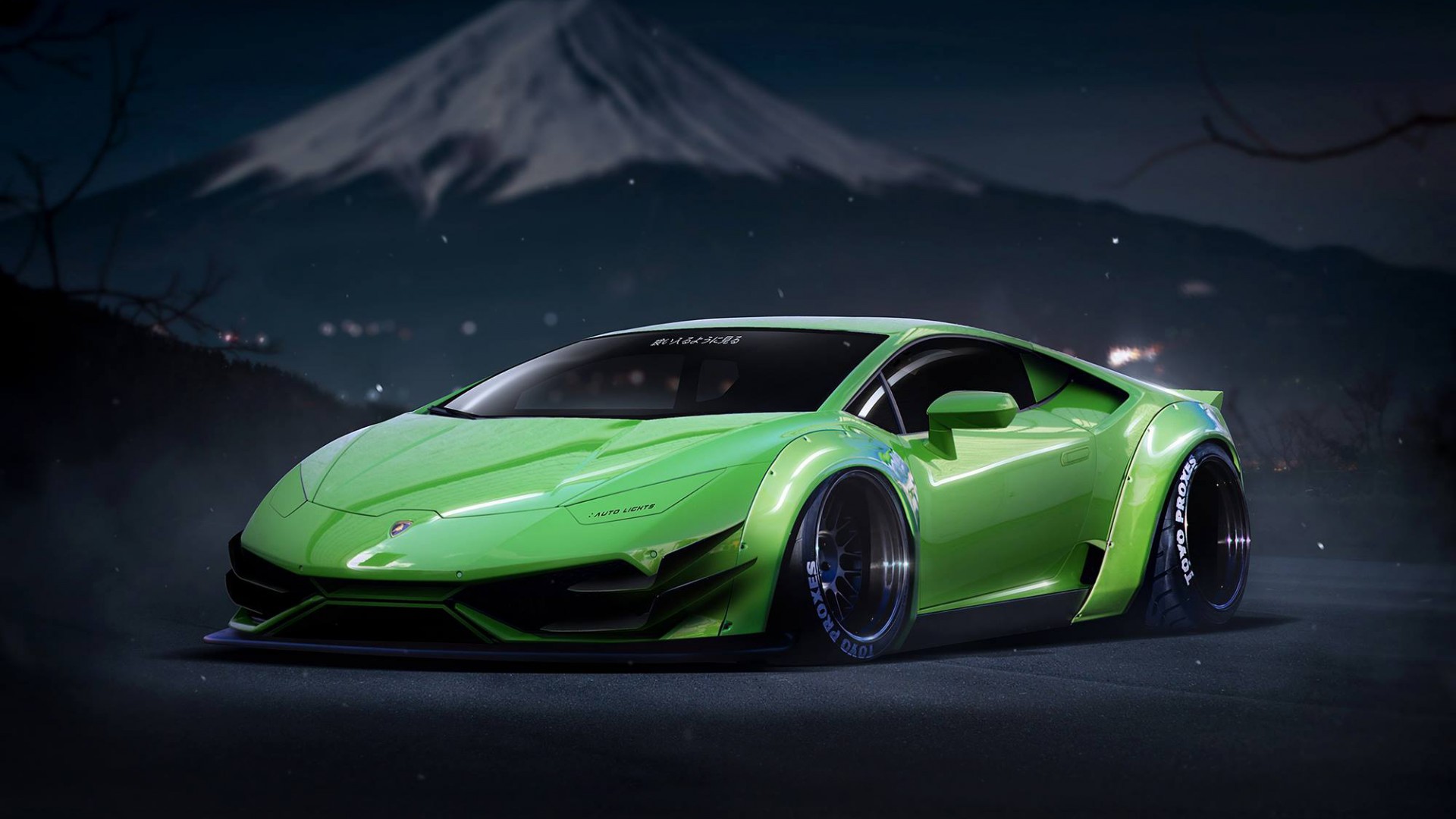 ['兰博基尼 Huracan LP640-4 绿色雪景山水跑车壁纸']