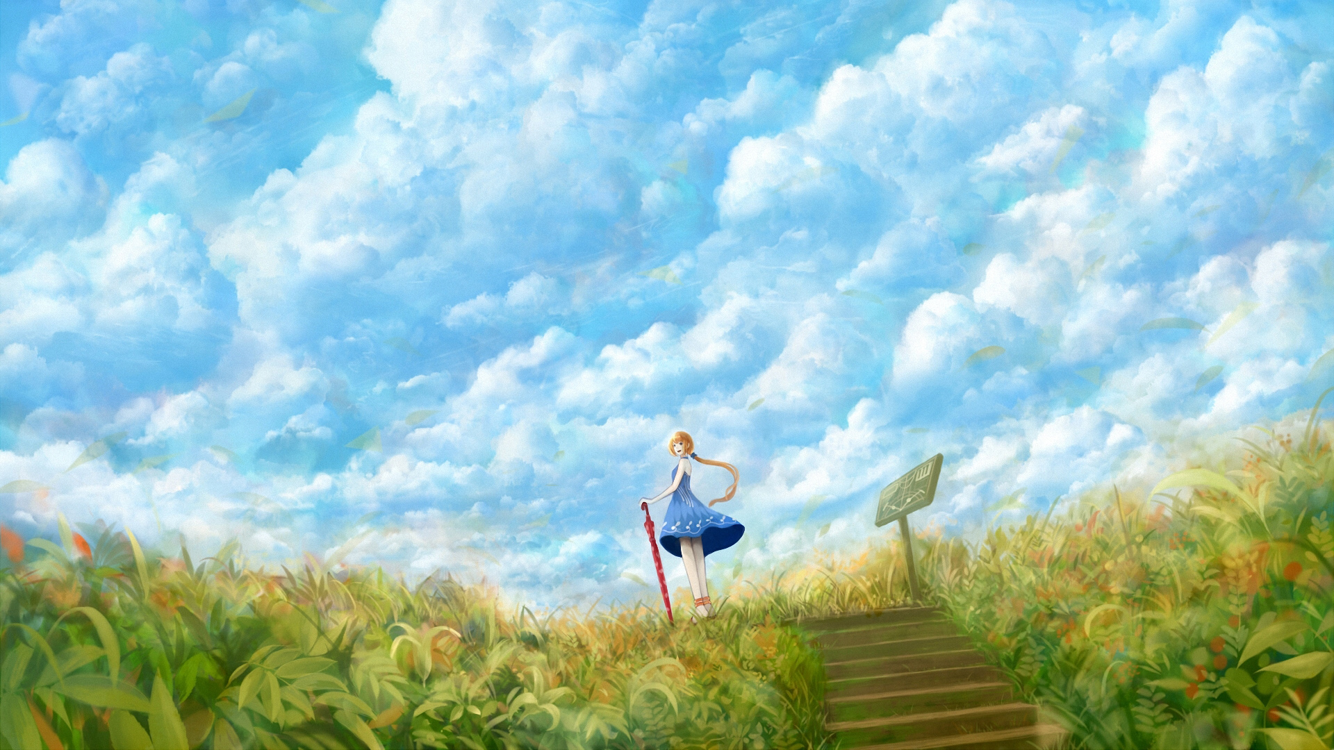 ['动漫少女 唯美壁纸 天空云朵 花场星空 动态风景插画 4K高清']