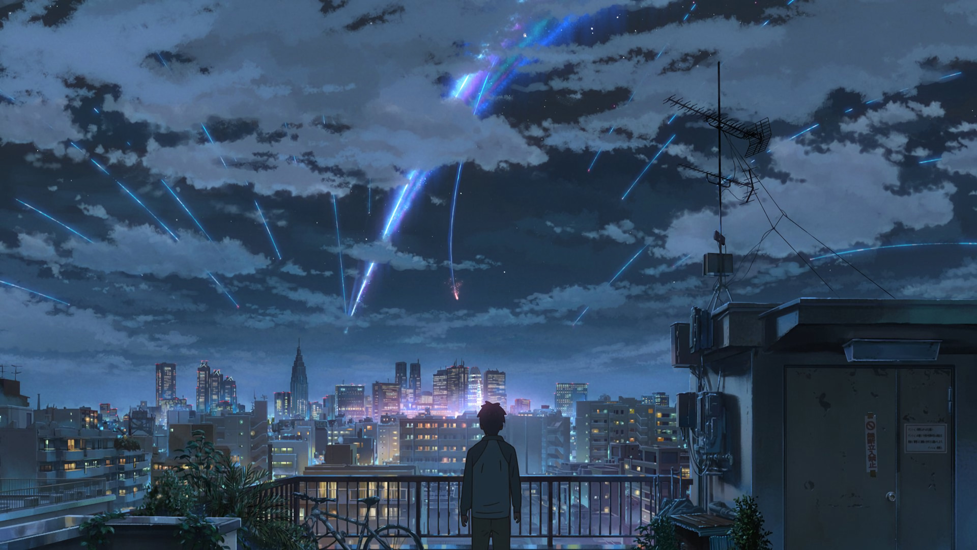 ['你的名字 动漫 2K高清 城市夜景 屋顶星空 夜晚 桌面壁纸']