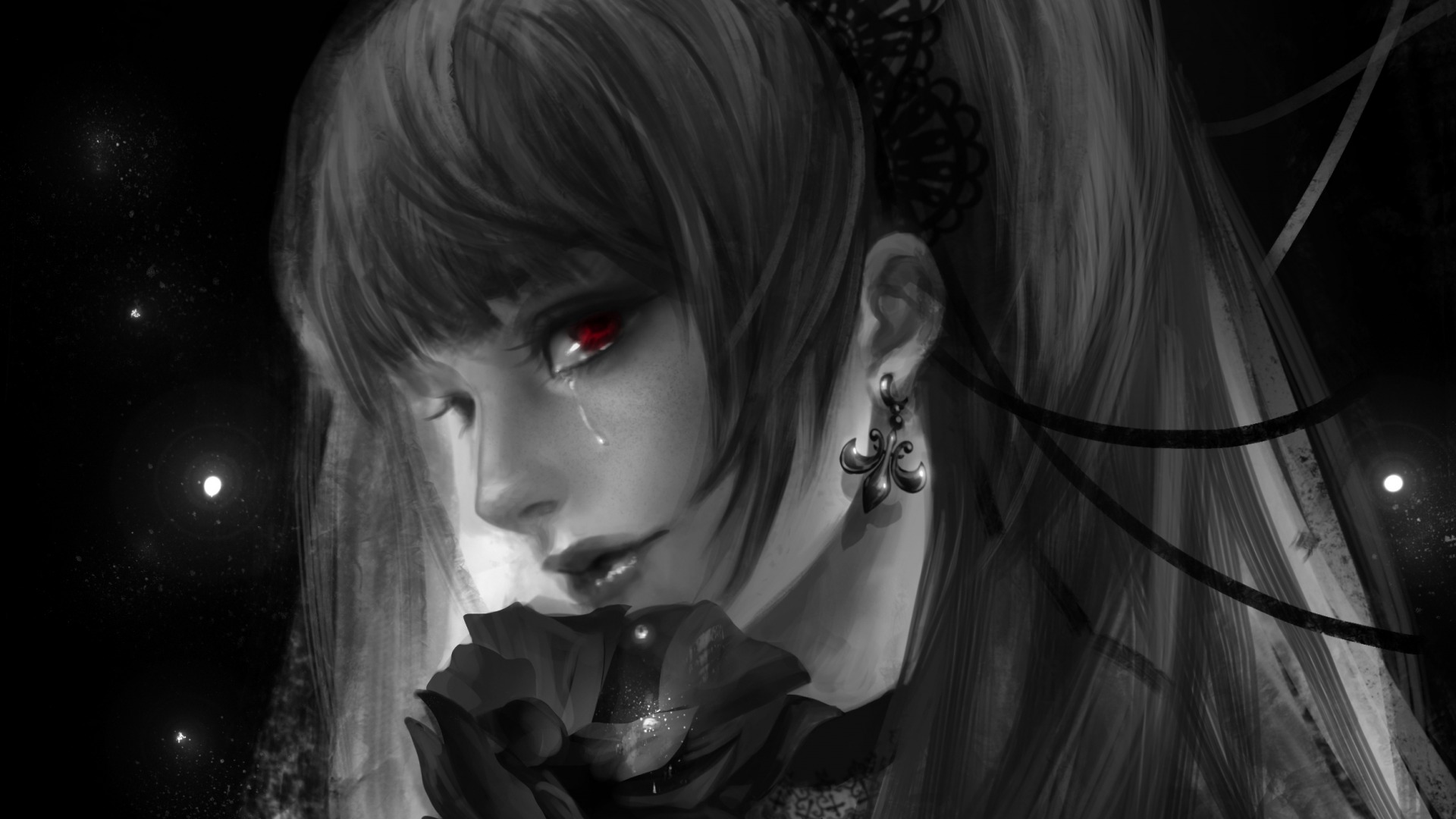 ['死亡笔记 弥海砂 女神 哭泣 眼泪 玫瑰花 桌面壁纸 高清动漫壁纸']