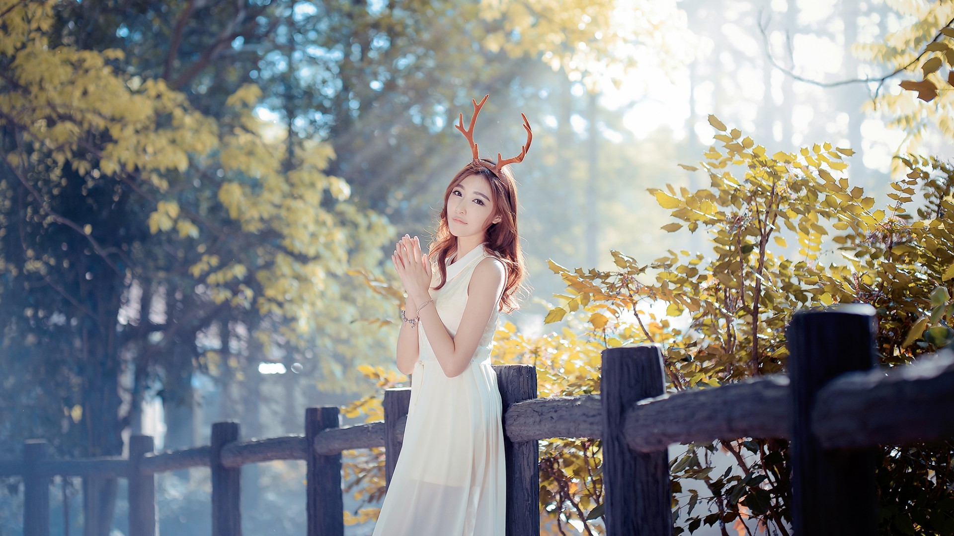 ['清纯美女 秋天 树林 栅栏 唯美风景 桌面壁纸']