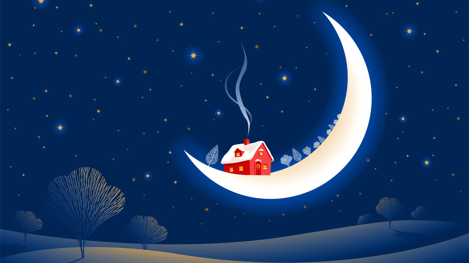 ['冬季雪景月亮星星唯美意境风景壁纸']