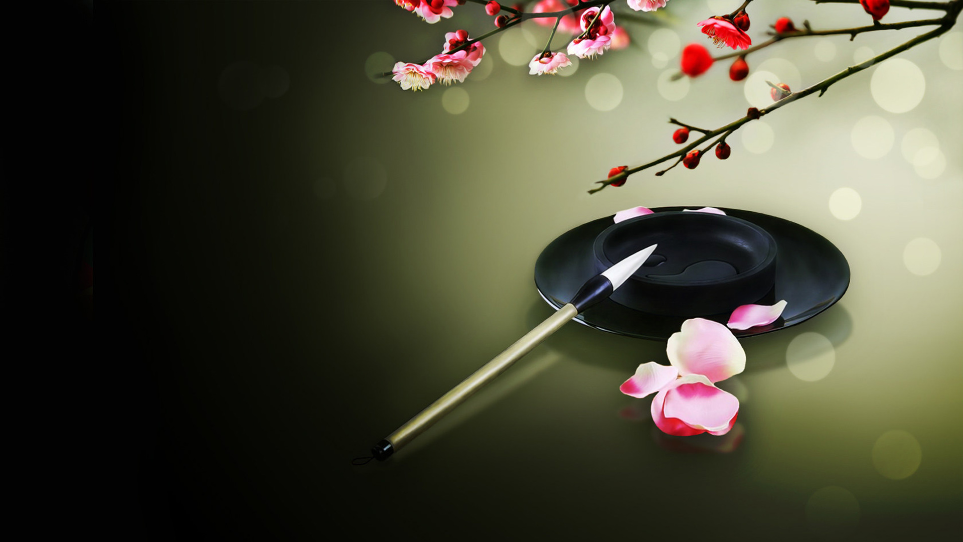 ['中国风 毛笔 桃花 墨韵 墨盘 壁纸 4K带鱼屏']