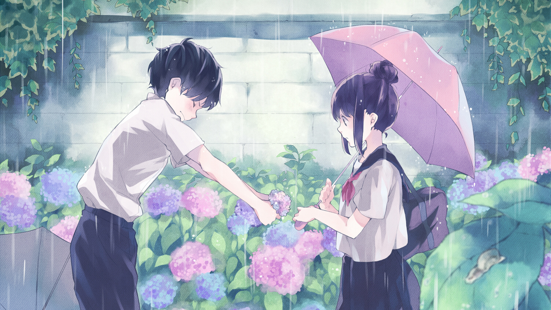 ['唯美动漫女生男生雨伞鲜花初恋情侣壁纸']