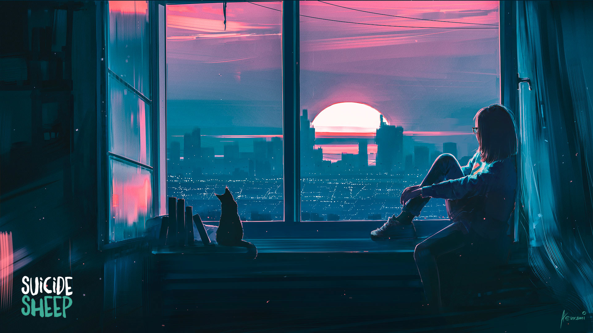 ['日落 窗台 女孩 小猫 Alena Aenami 高清壁纸']