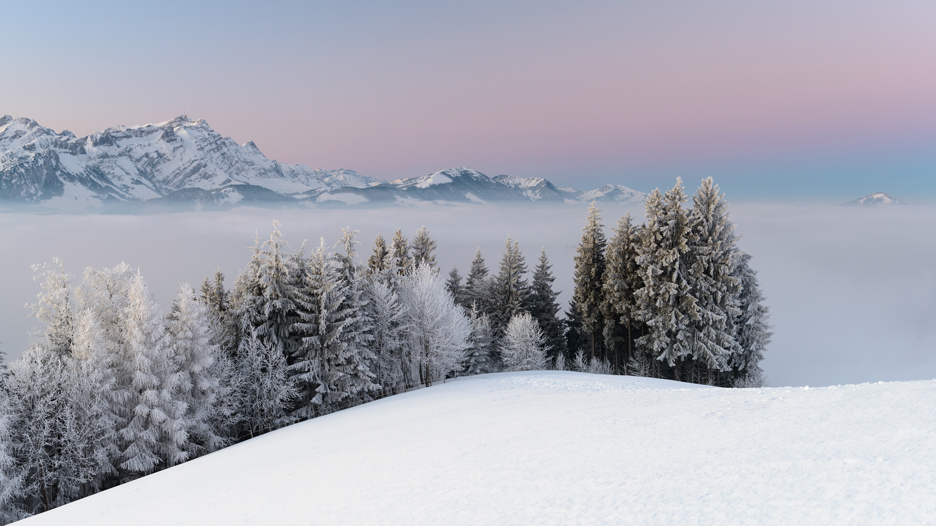 ['冬季雪景 山林雾气 自然风光 桌面壁纸']