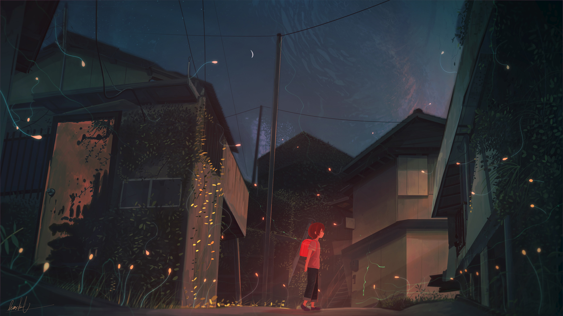 ['夜路 小女孩 房屋 动漫壁纸']