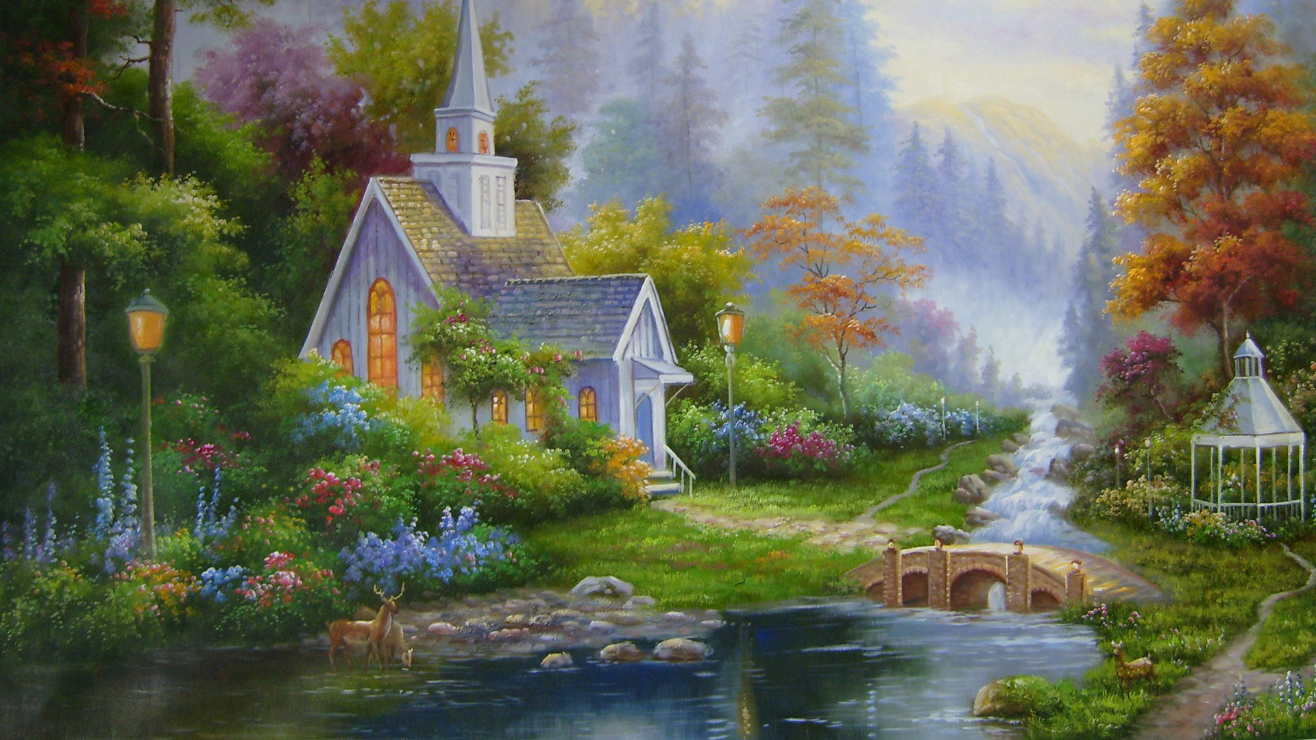 ['森林小屋 风景油画 桌面壁纸 林间小屋 油画风景画']