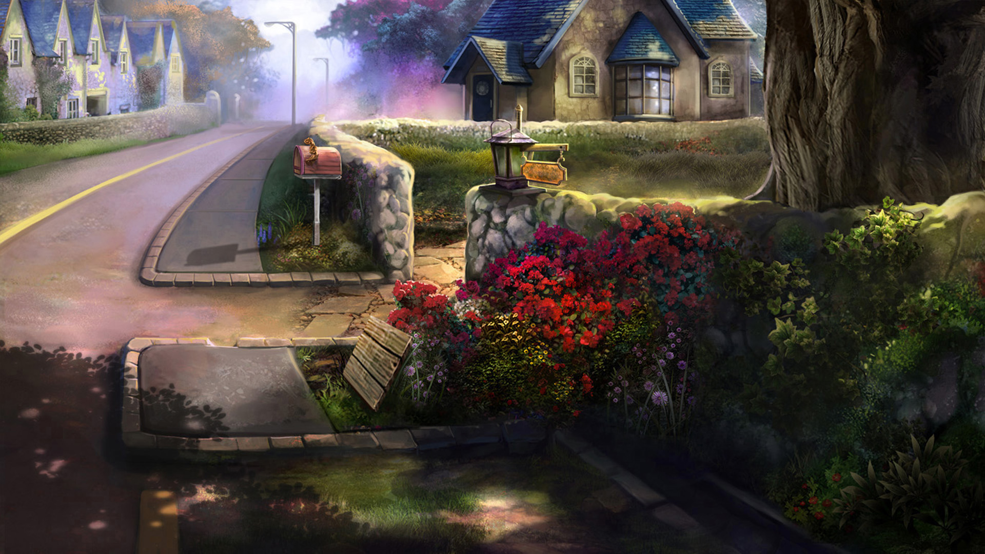 ['手绘 风景 公路 别墅 树 鲜花 壁纸']
