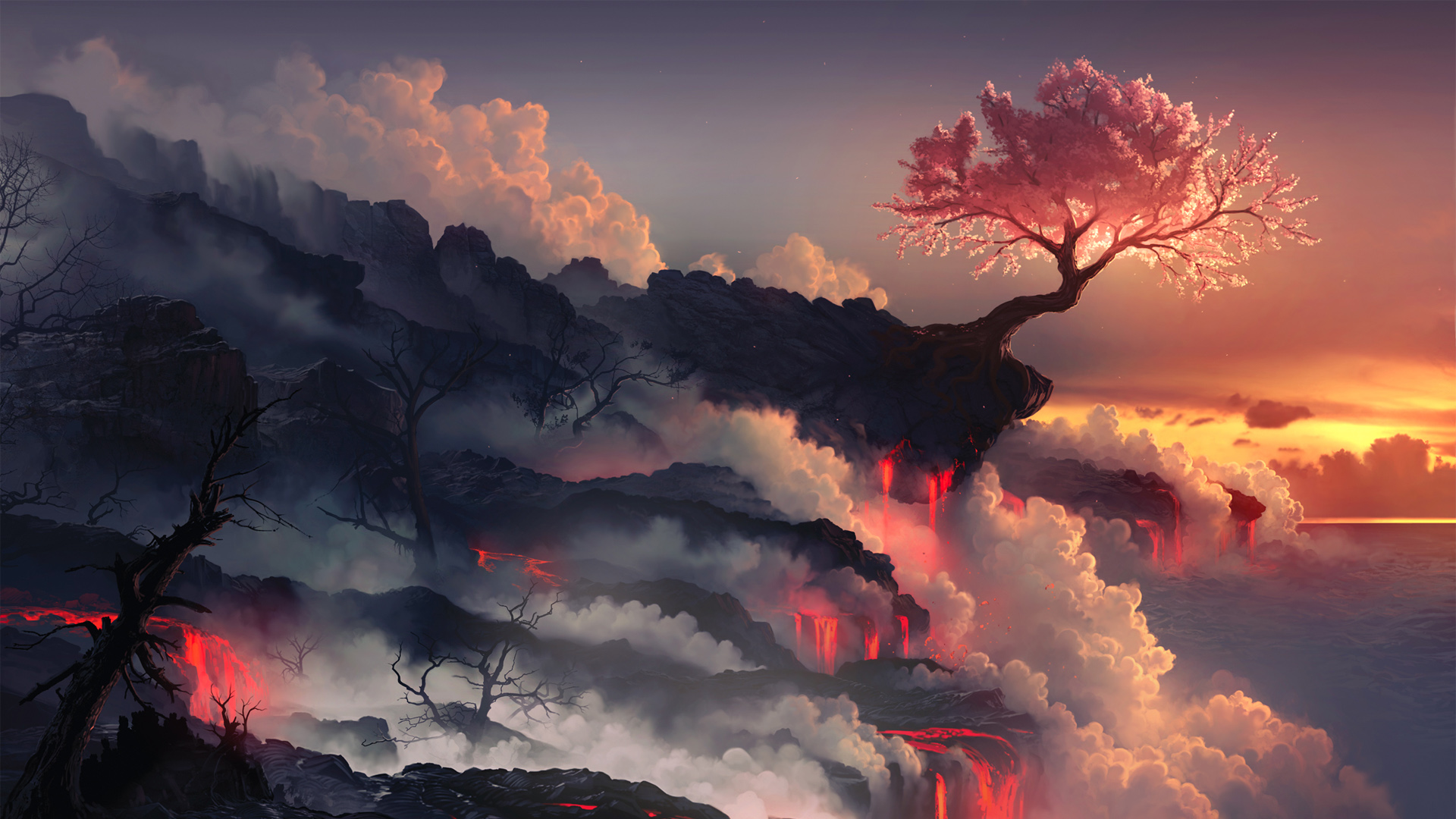 ['火山云海天空树影 唯美艺术风景壁纸']