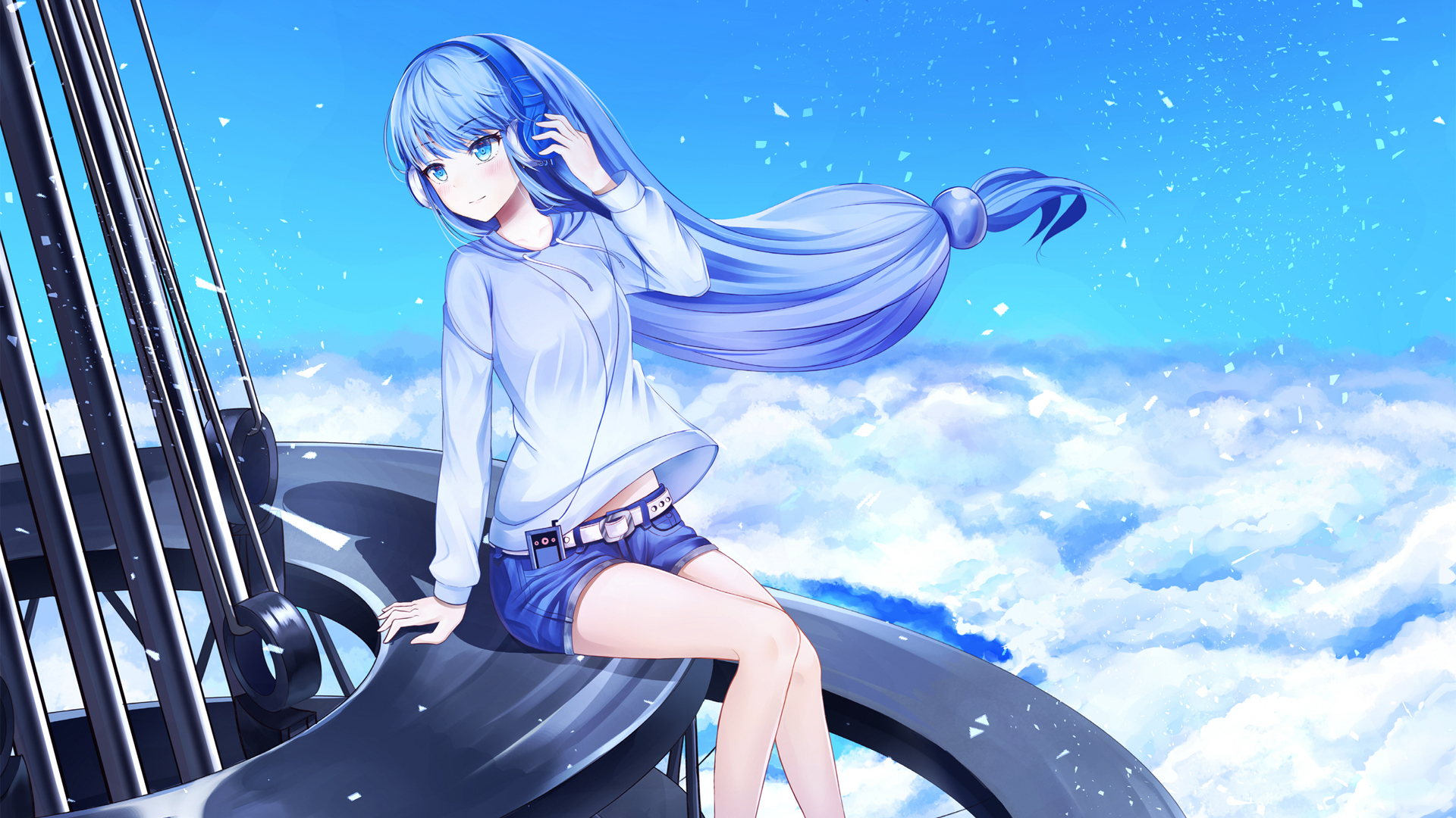 ['蓝色天空风景 长发少女 牛仔短裤 音乐 唯美动漫壁纸']