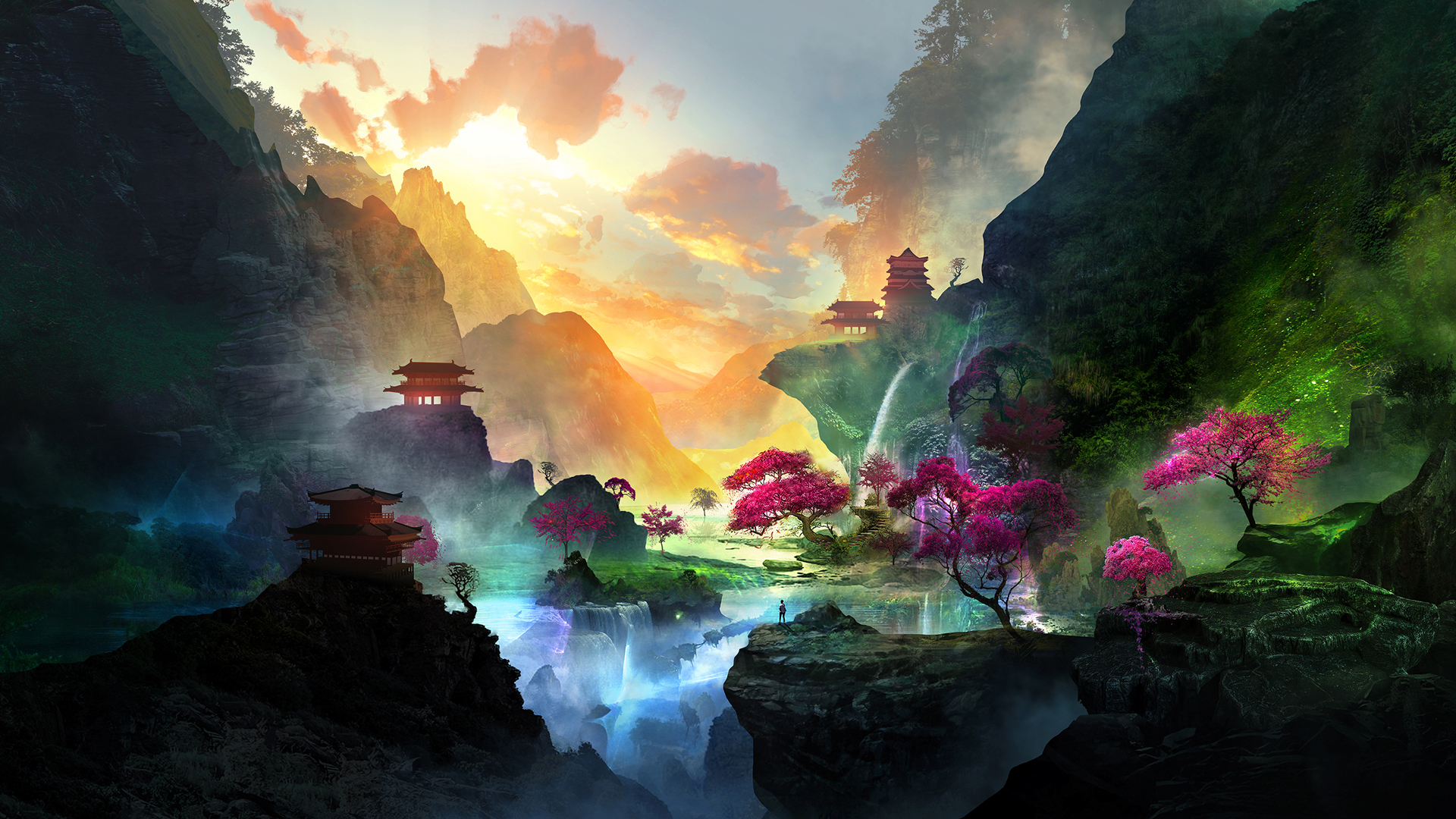 ['仙境 瀑布 寺庙 山谷 树 唯美绘画 高清壁纸']