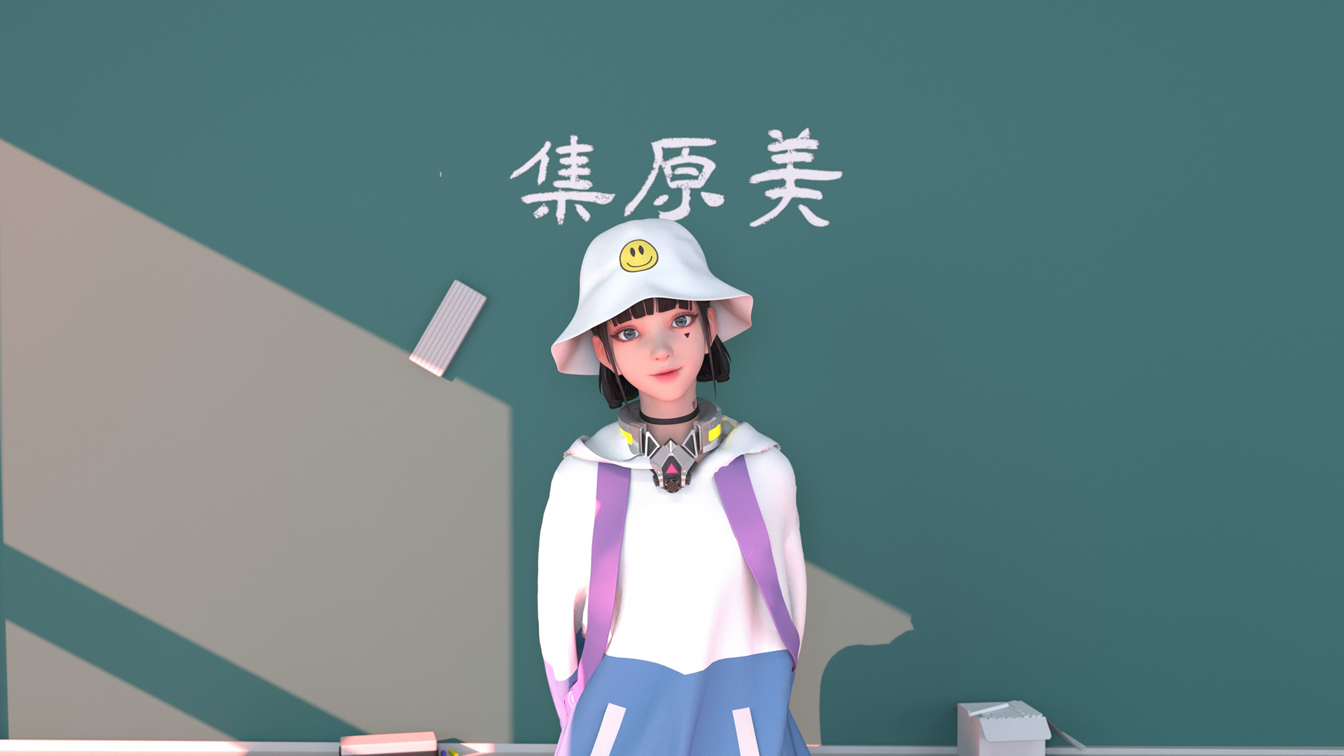 ['集原美 白色帽子 漂亮衣服 黑板 电脑壁纸']