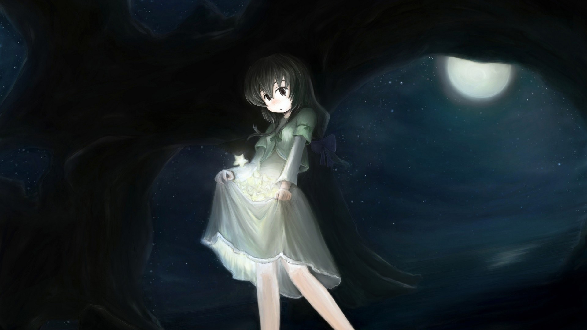 ['小女孩 漂亮小裙子 星星 月亮 壁纸 梦幻唯美 卡通插画']