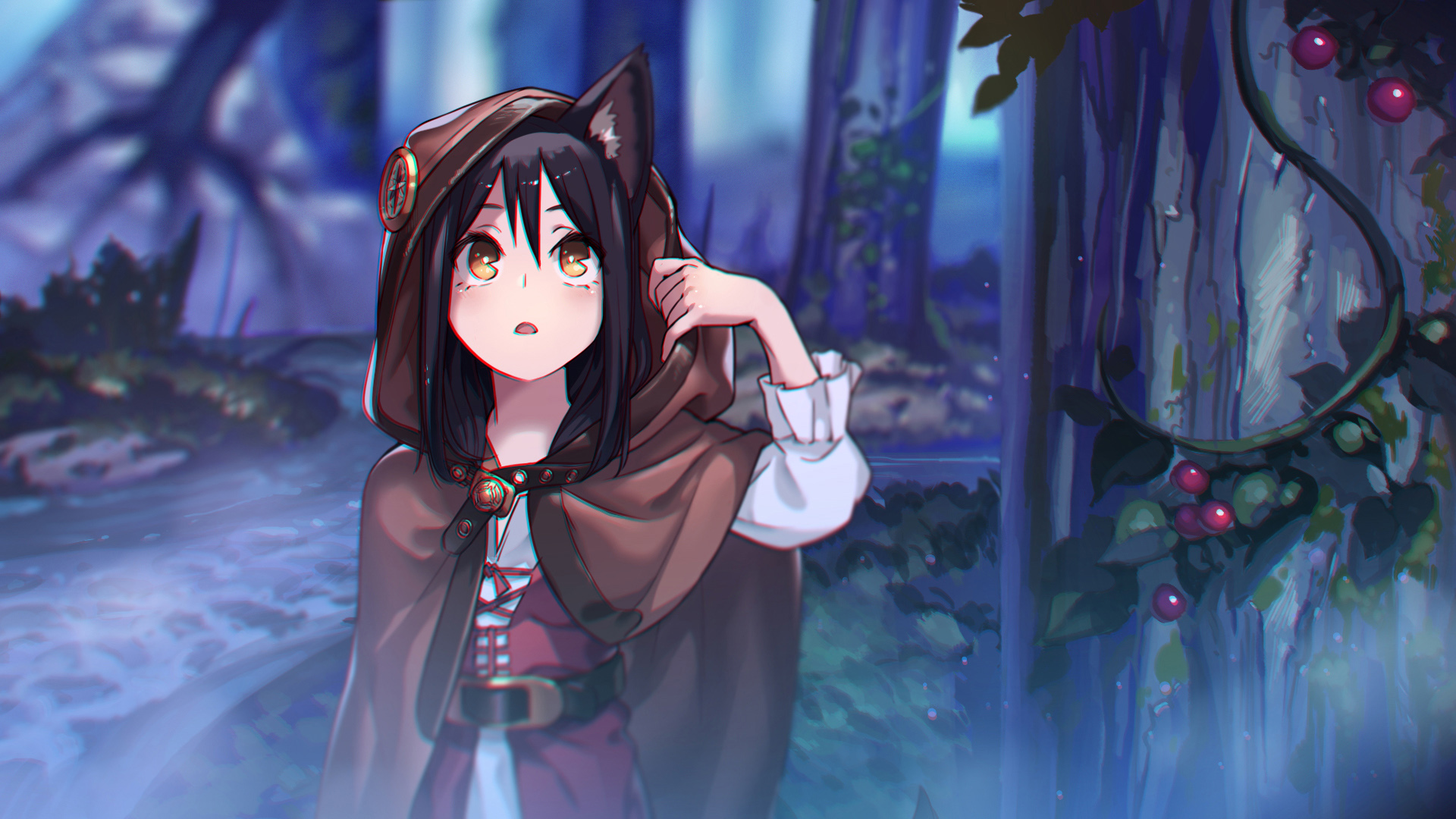 ['森林 河流 女孩 耳朵 动漫壁纸']