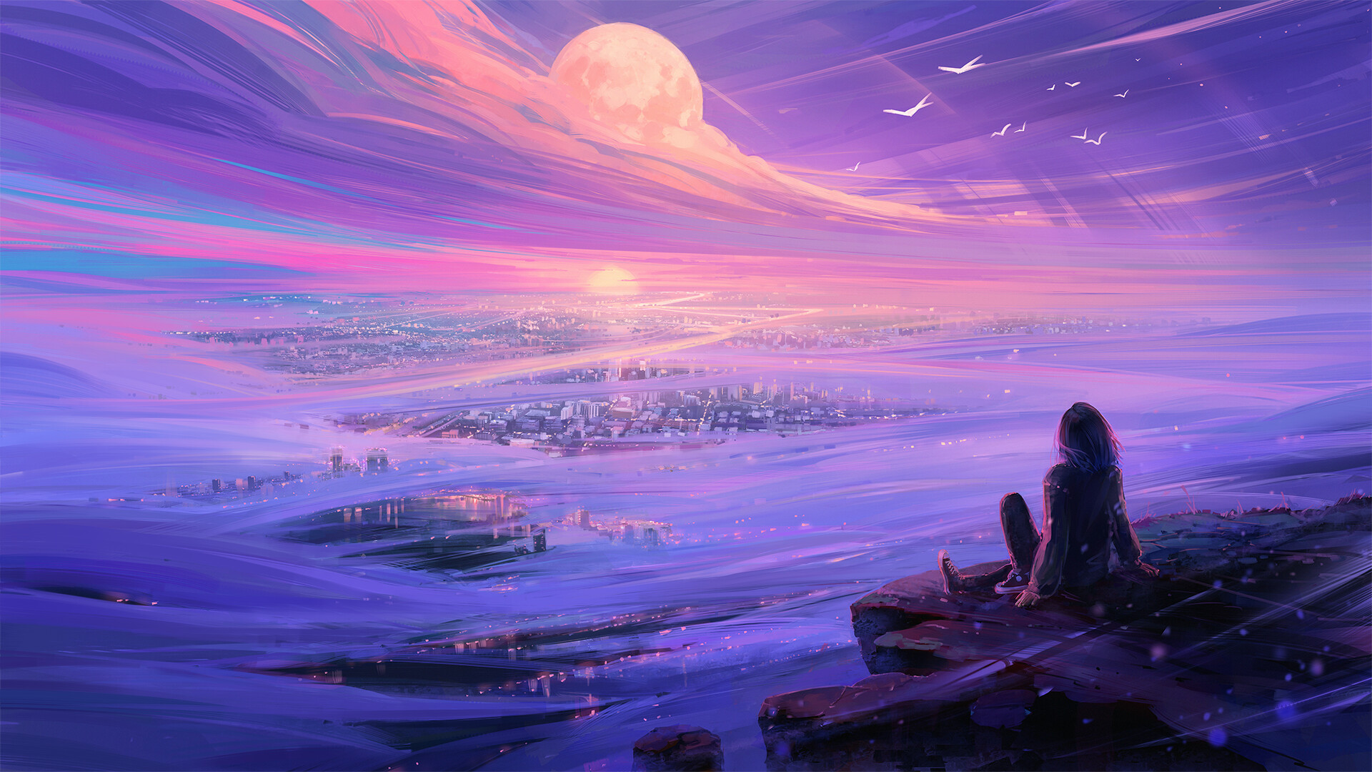 ['动漫女孩夜晚城市山顶星空手绘插画风景壁纸']