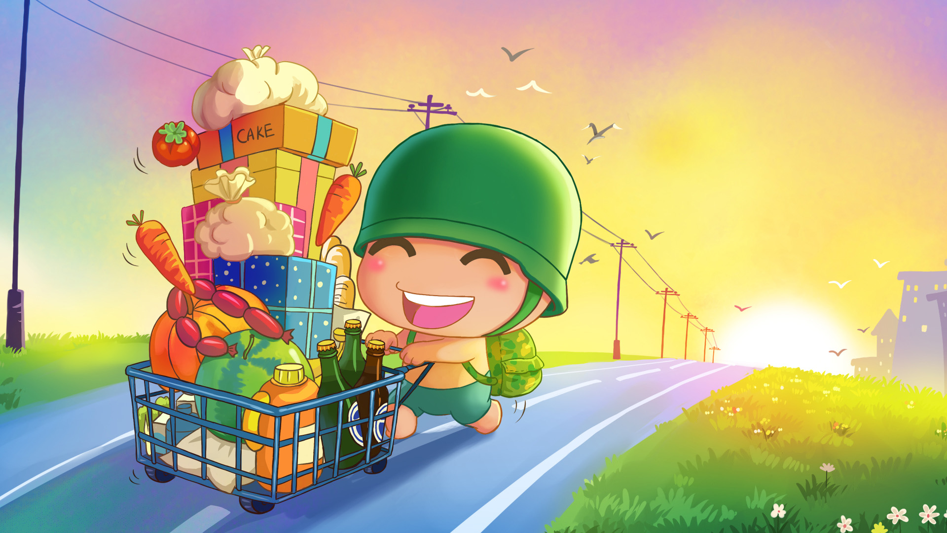 ['炮炮兵桌面壁纸购物回家开心节日动画']