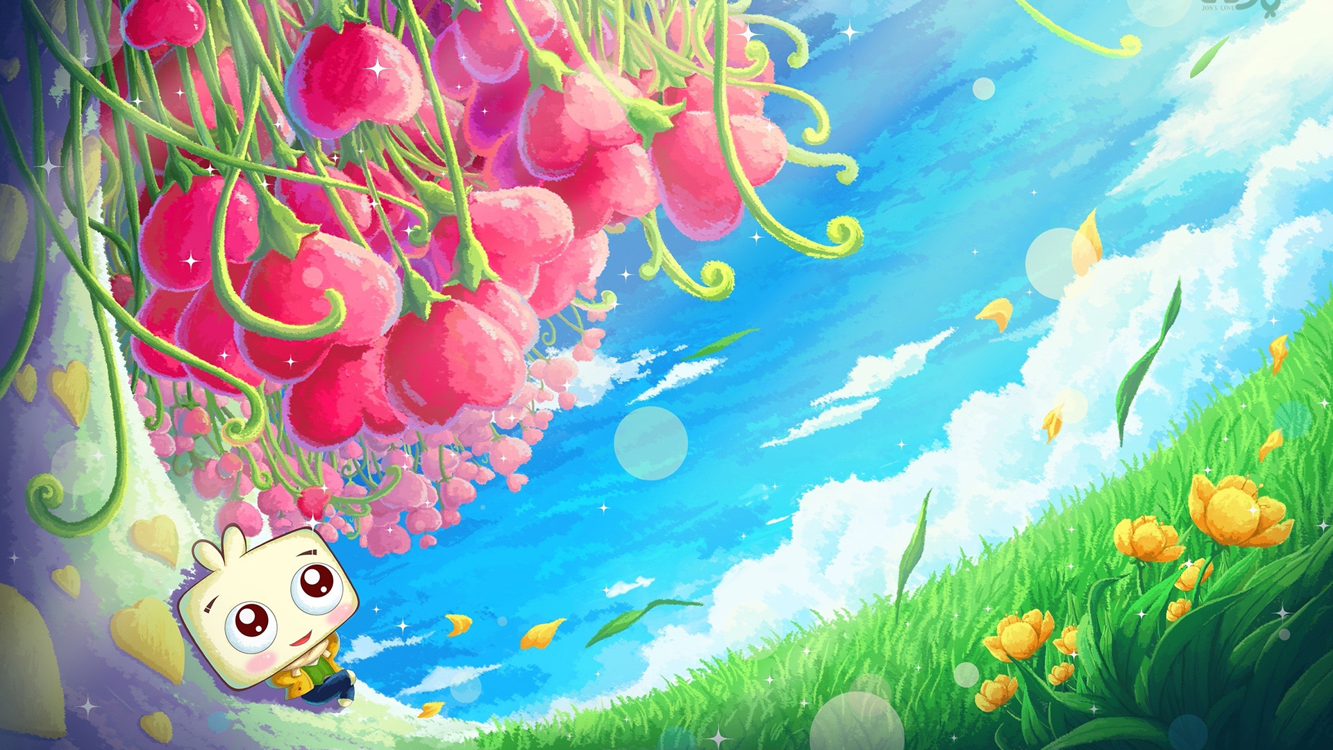 ['JONJON囧囧 囧妮 可爱插画 蓝天白云 花草绿植 春天元素 桌面壁纸']