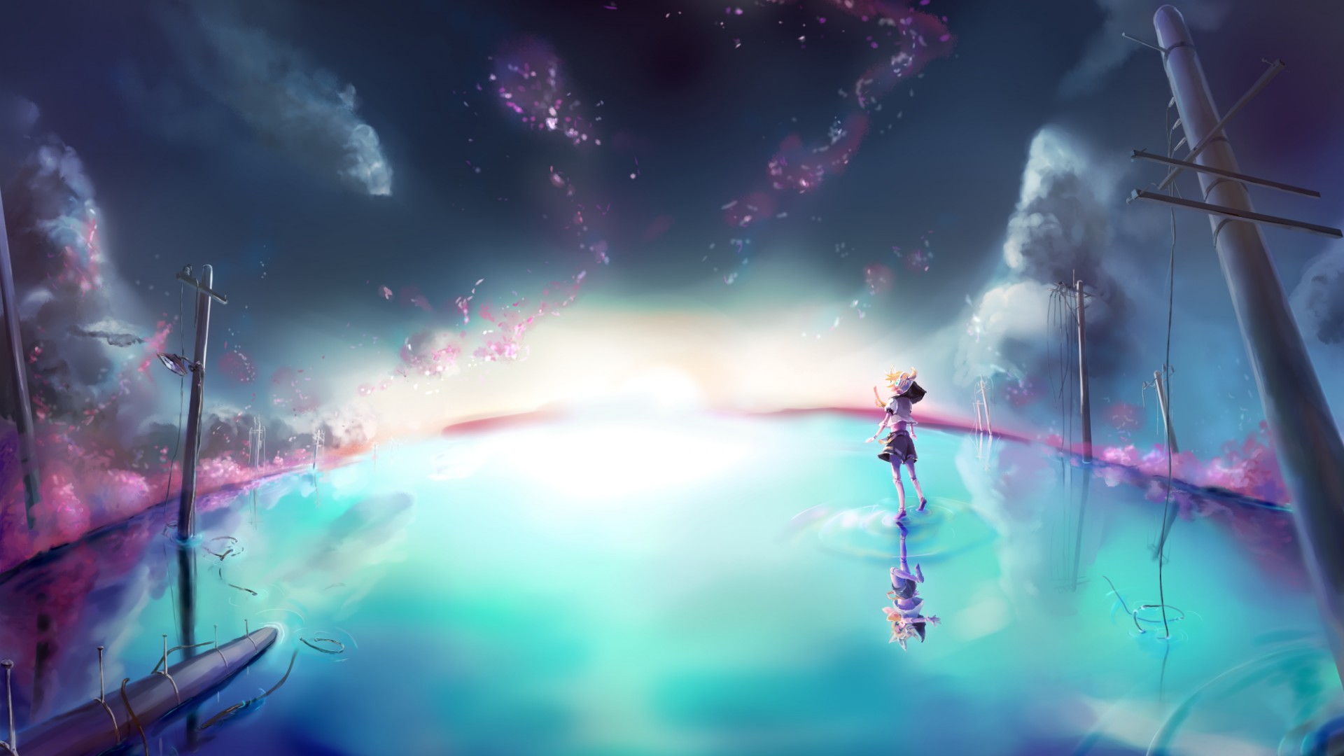 ['VOCALOID 镜音铃 镜音连 美丽场景 水 天空 动漫壁纸 高清下载']