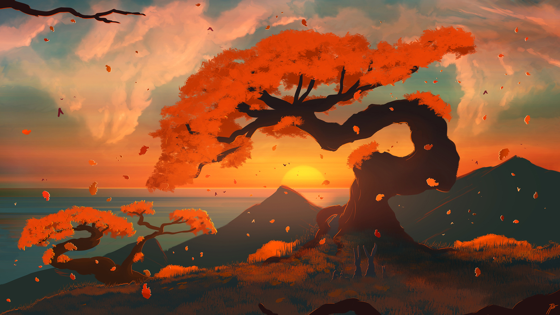 ['秋天 树叶 夕阳 海 山 唯美意境 高清电脑壁纸']