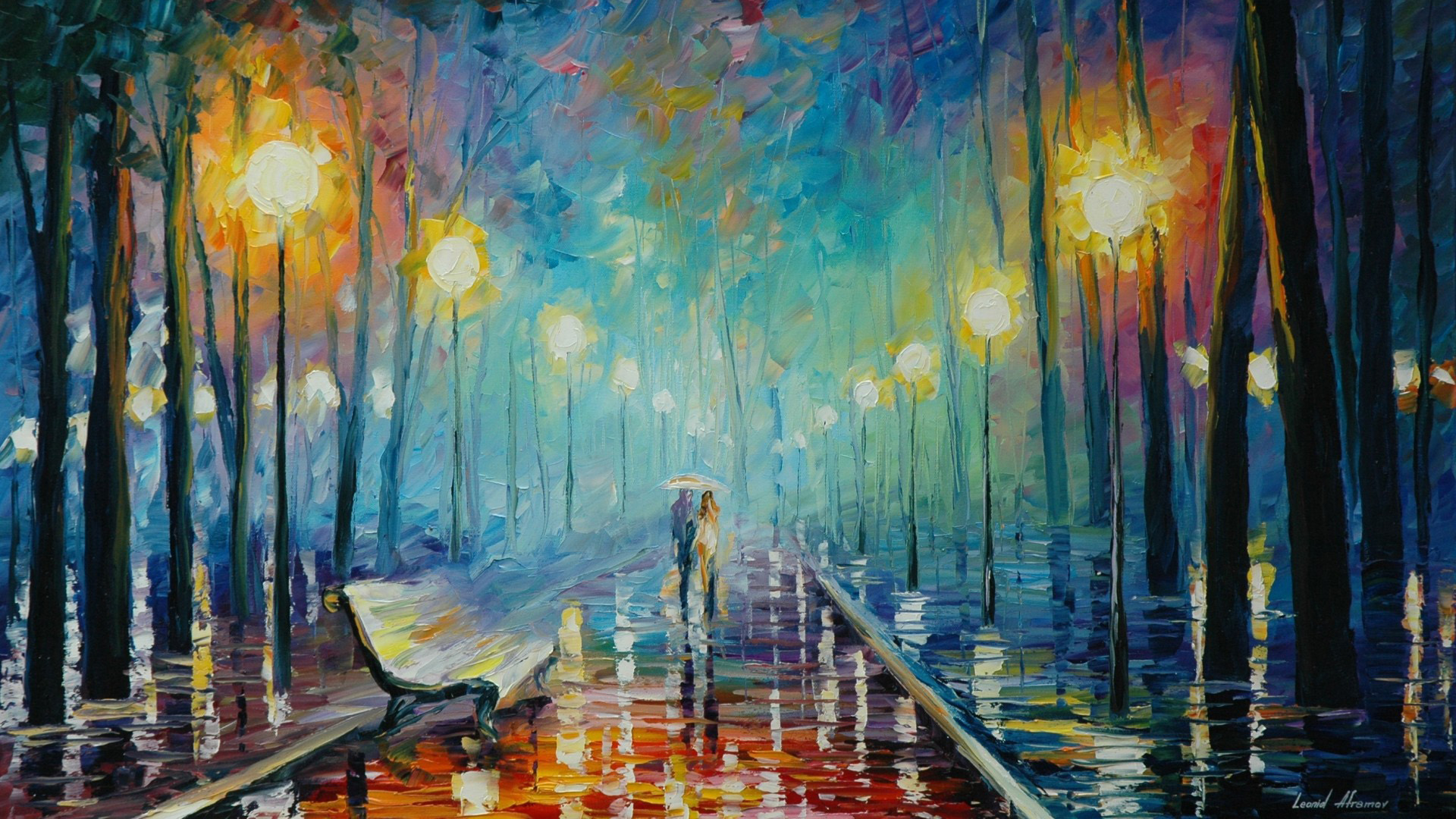 ['Leonid阿夫列莫夫 油画 公园 路灯 浪漫恋人 雨伞 雨景 壁纸']