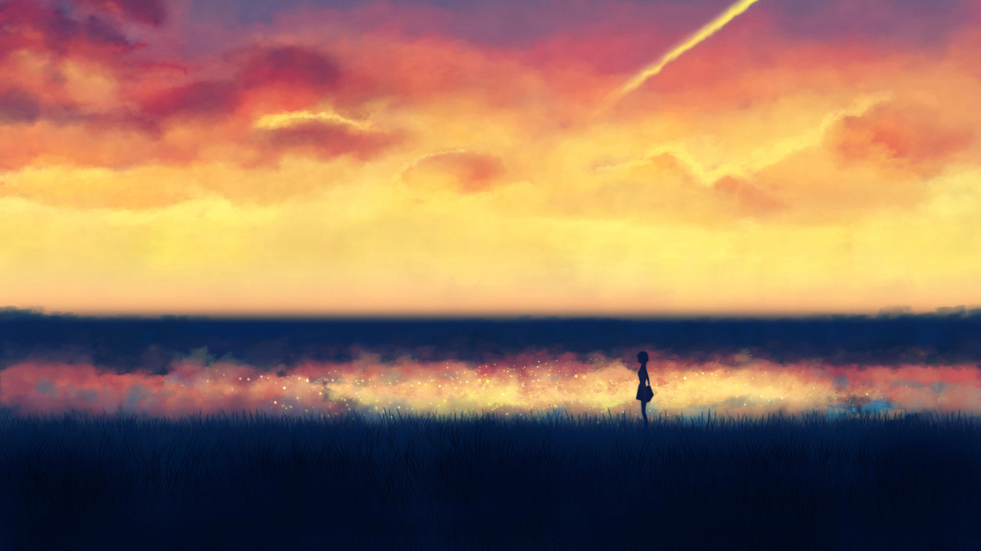 ['女孩 剪影 夕阳 动漫 天空 云 宽屏桌面壁纸']