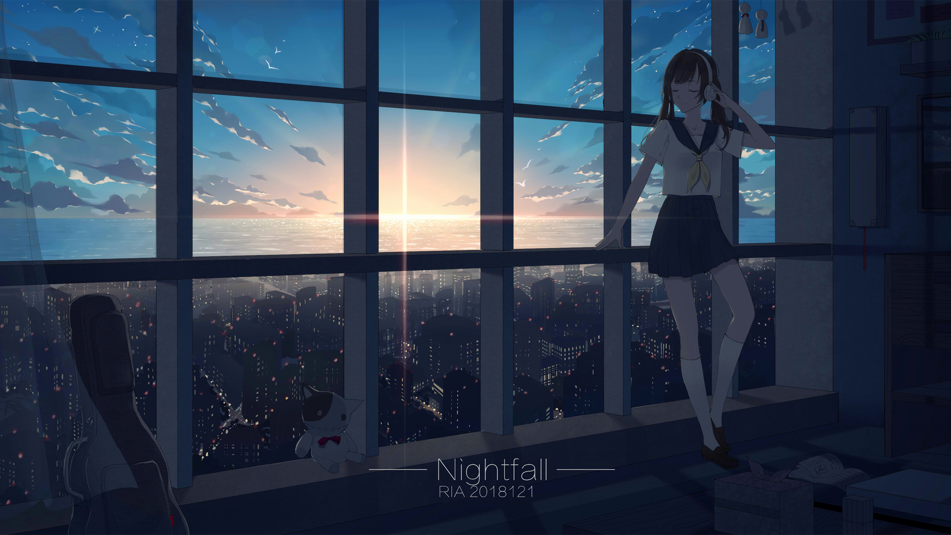 ['校服女生 黄昏 耳机 音乐 唯美动漫壁纸']