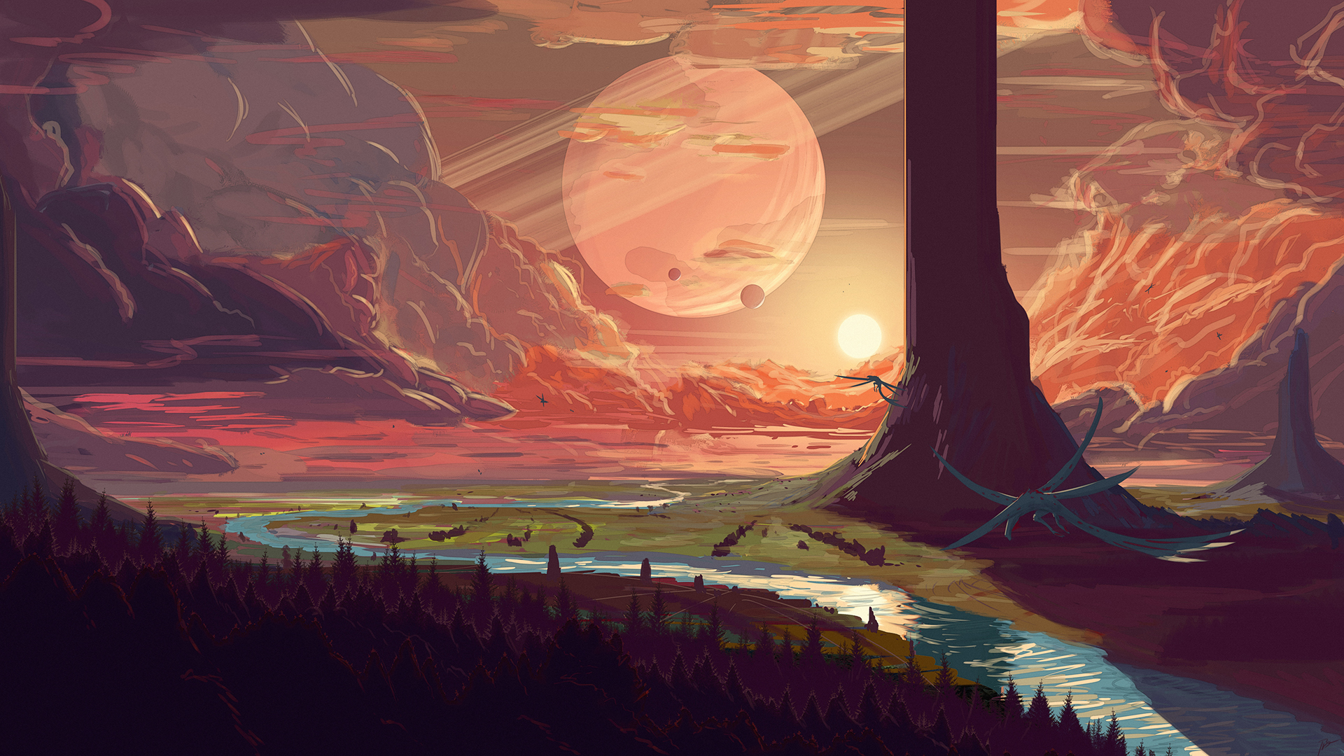 ['秋天梦境 梦幻秋景 山 树 河流 日落 唯美壁纸']