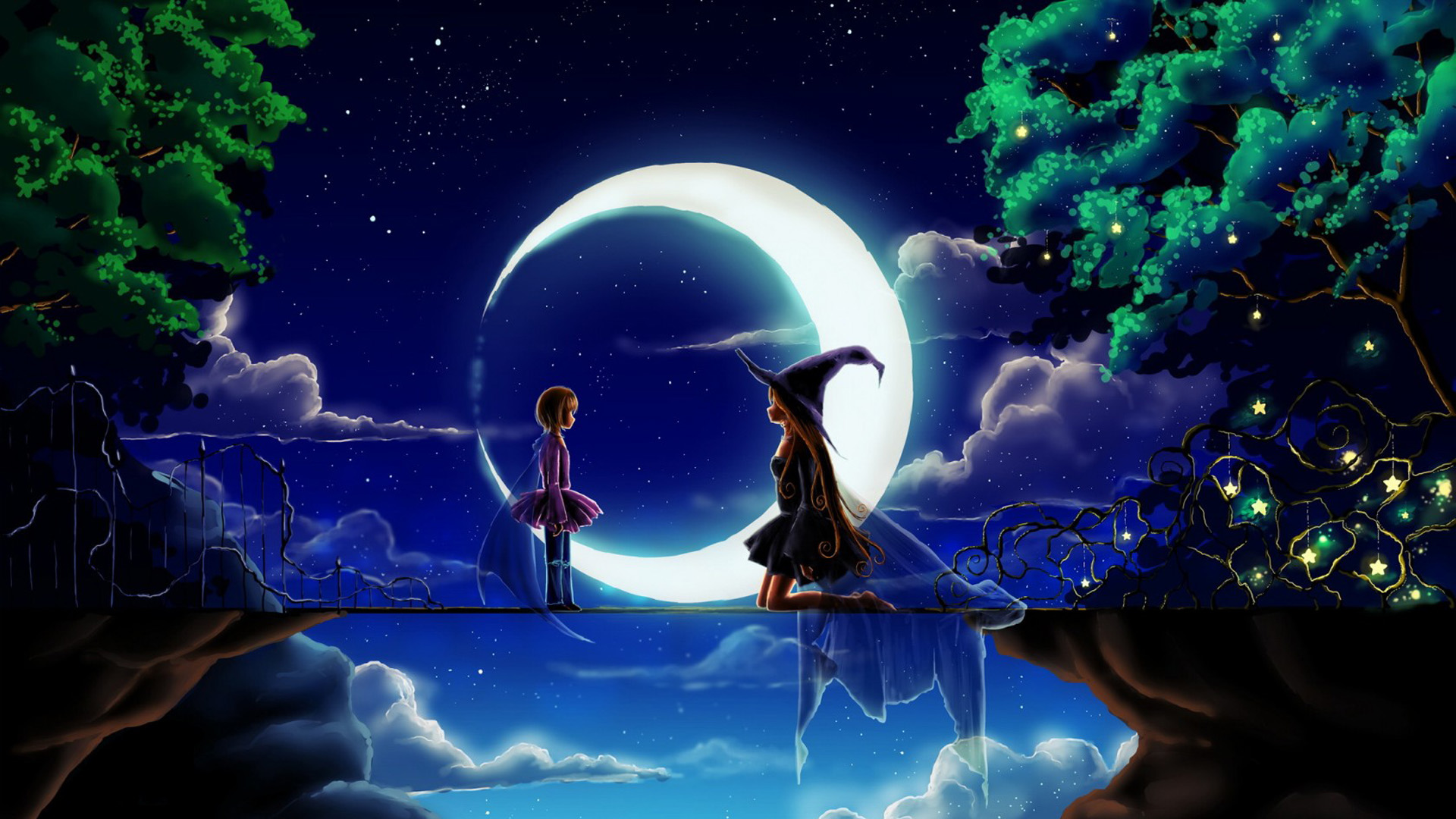 ['魔女 小女孩 月亮 星星 树 桥 晚上 壁纸设计']