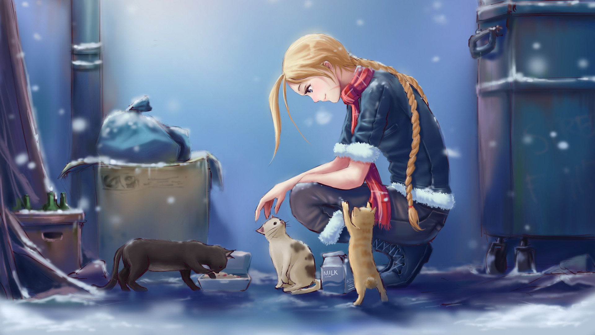['冬天 心地善良的女孩 街头 流浪猫 投喂 食物 壁纸']