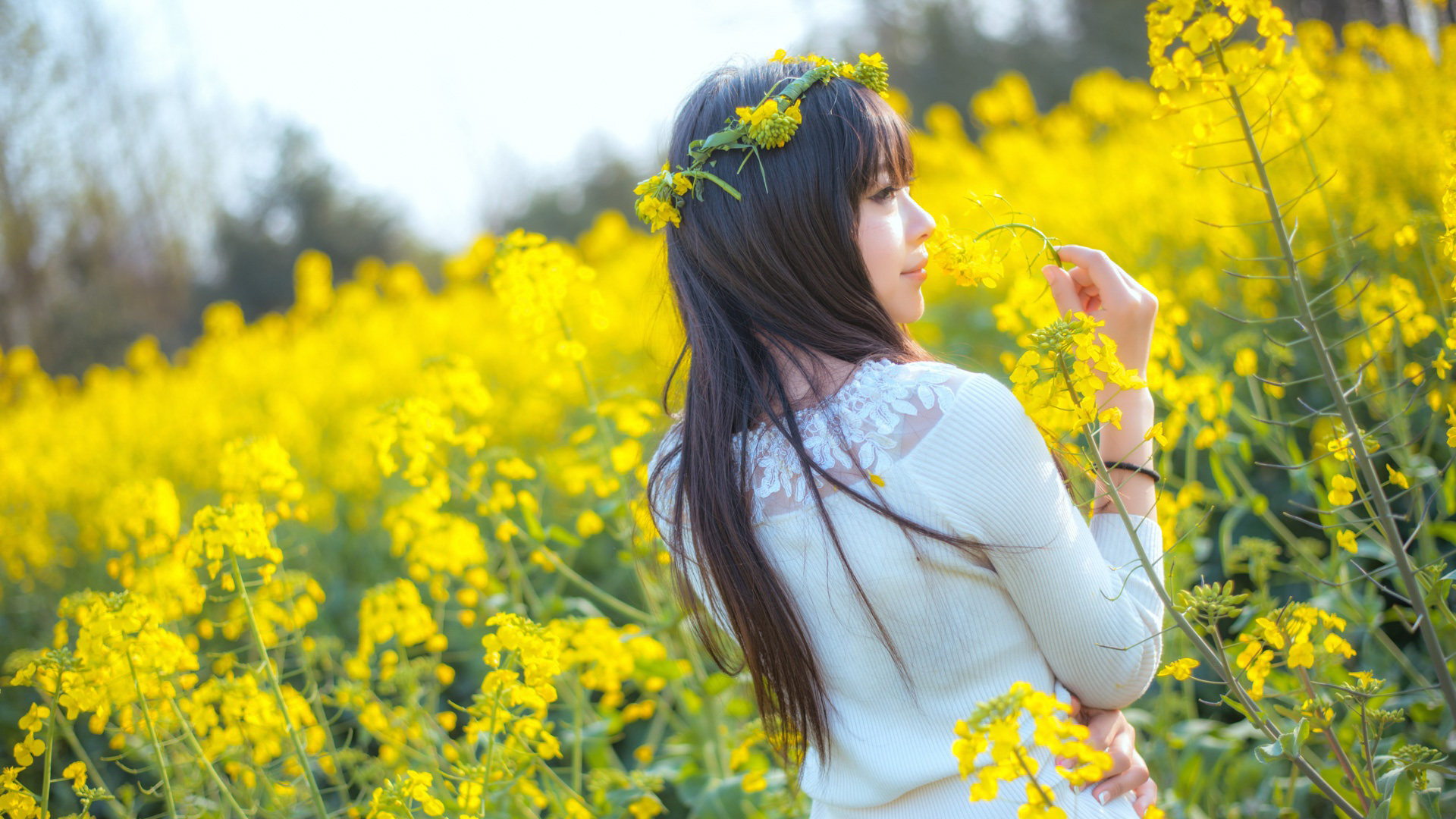 ['高清古风花海美女回眸一笑清纯壁纸 长发花环桌面写真']