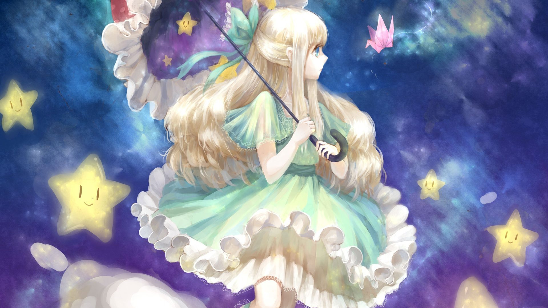 ['可爱动漫女孩 高清壁纸 漂亮裙子 伞 星星 千纸鹤 唯美女生桌面']