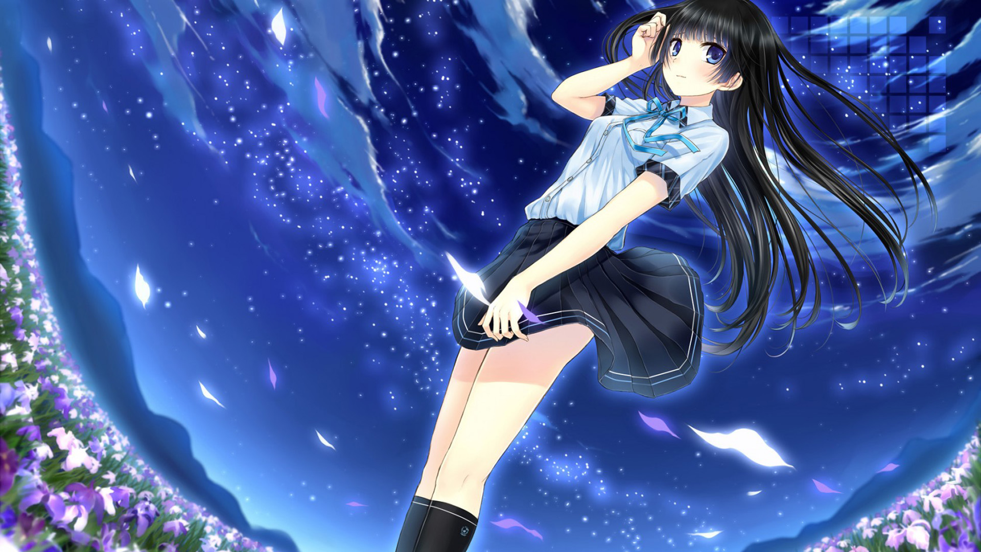 ['梦幻星空动漫壁纸 女孩 花朵 天空 星星']