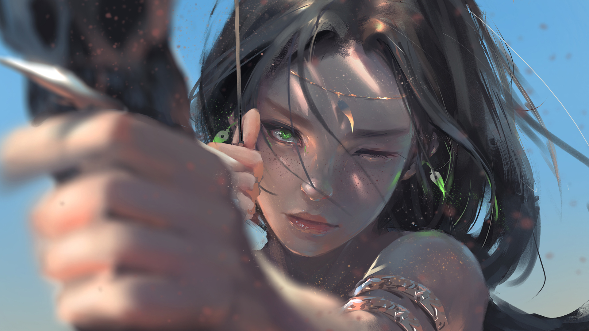 ['二次元 弓箭少女 绿眼美少女 高清动漫壁纸']