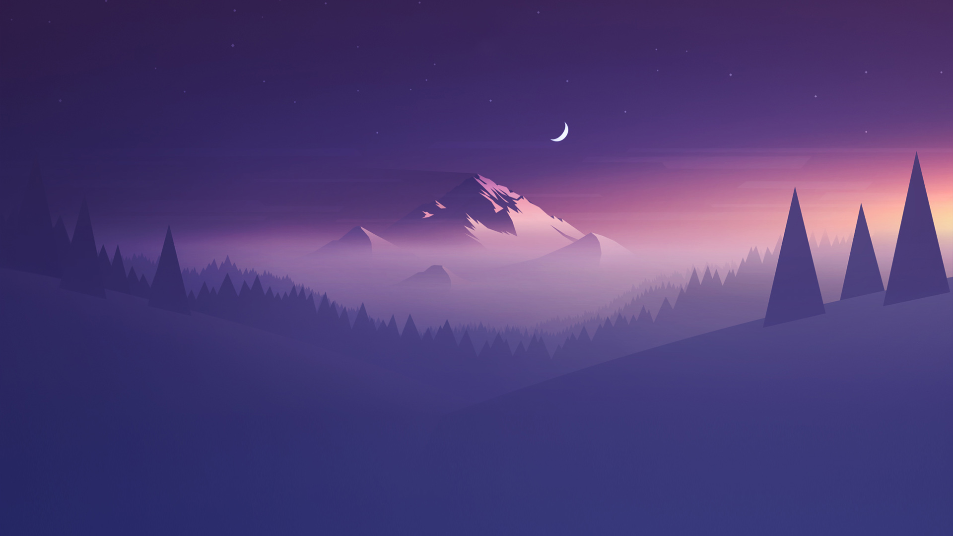 ['山景 紫色月亮 夜晚星空 简约壁纸']