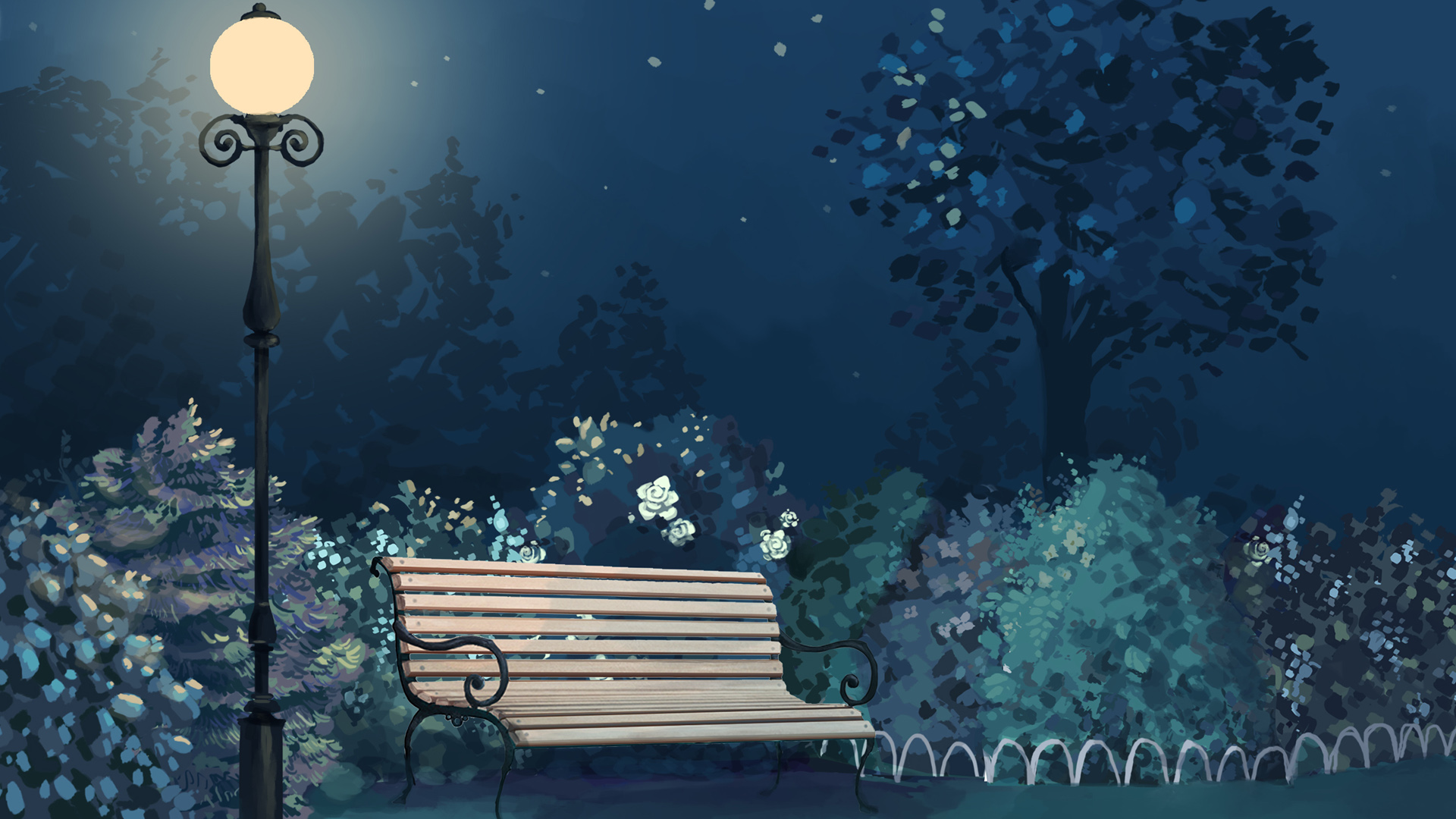 ['夜晚 公园 灯光 板凳 绘画 桌面壁纸']